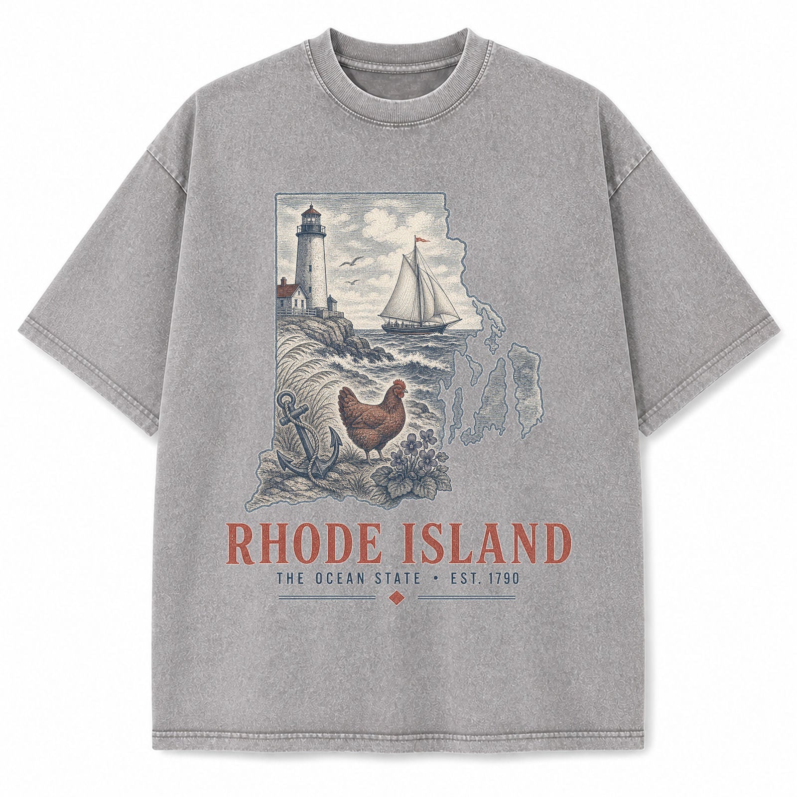 Vintage Washed Rhode Island Coastal Graphic Tee in Light Gray, front view on a white background