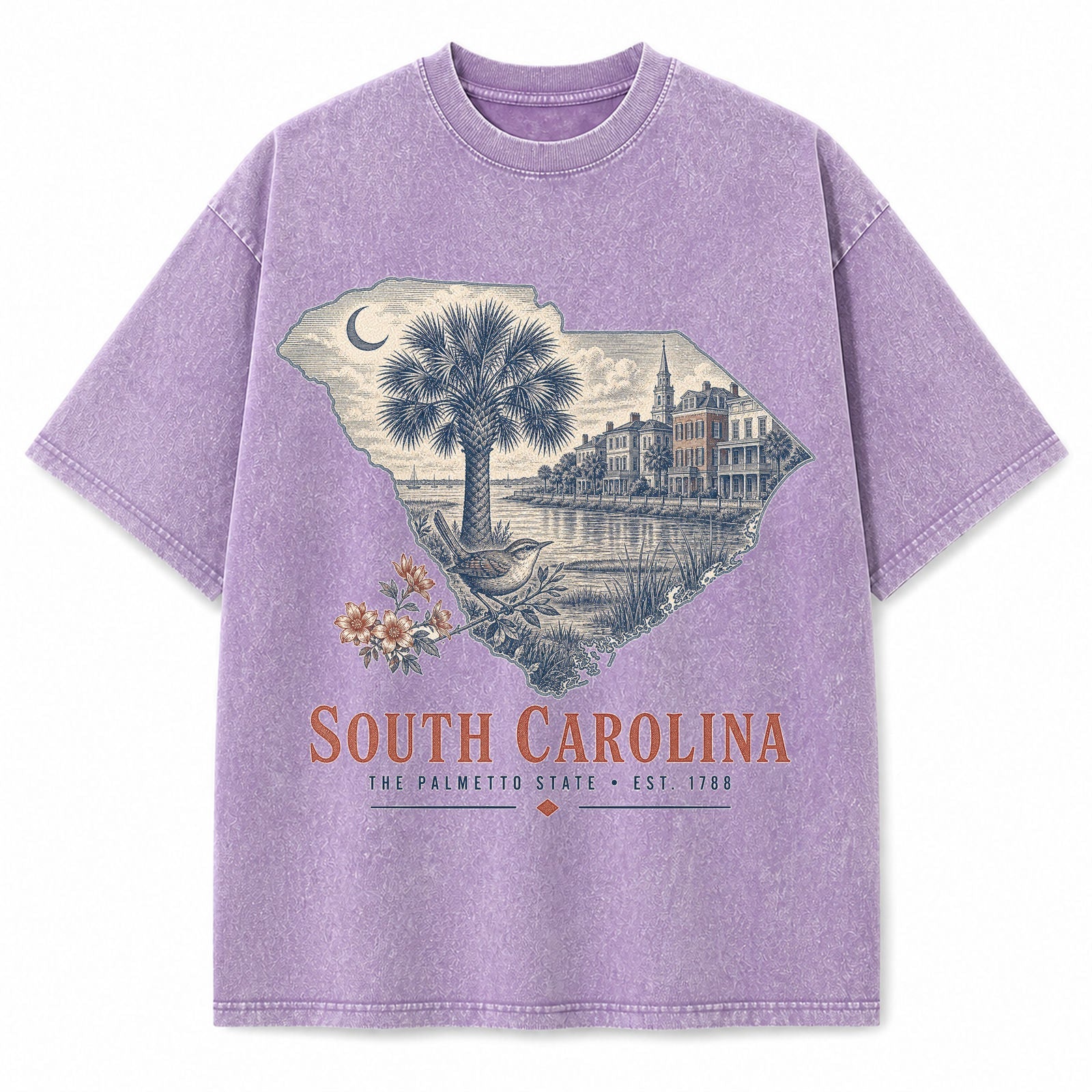 Vintage Washed South Carolina Palmetto Graphic Tee in Purple, front view on a white background