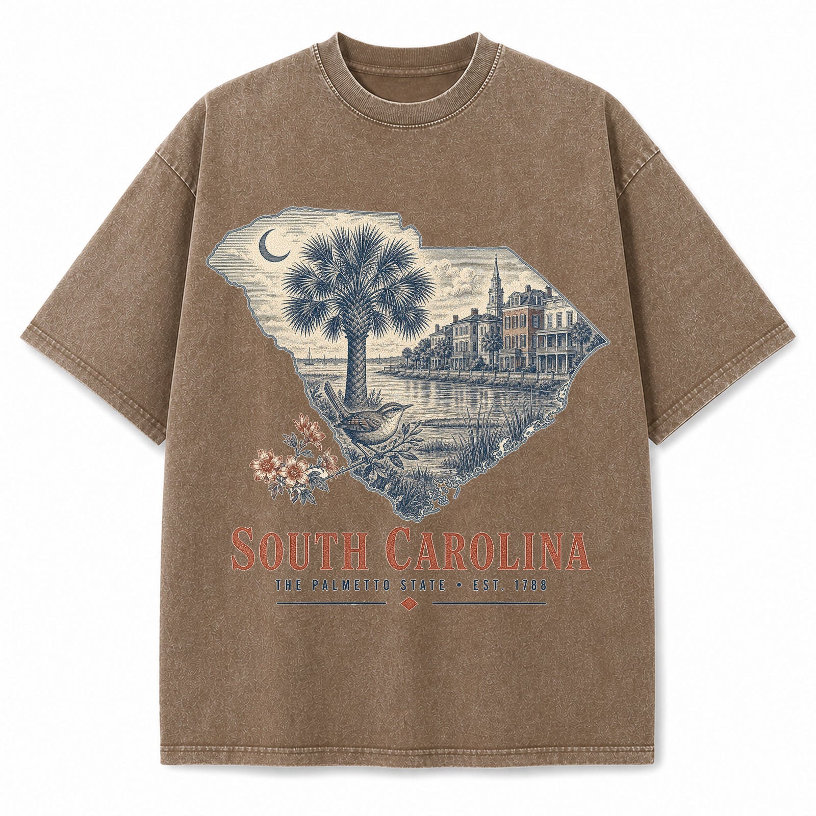 Vintage Washed South Carolina Palmetto Graphic Tee in Brown, front view on a white background