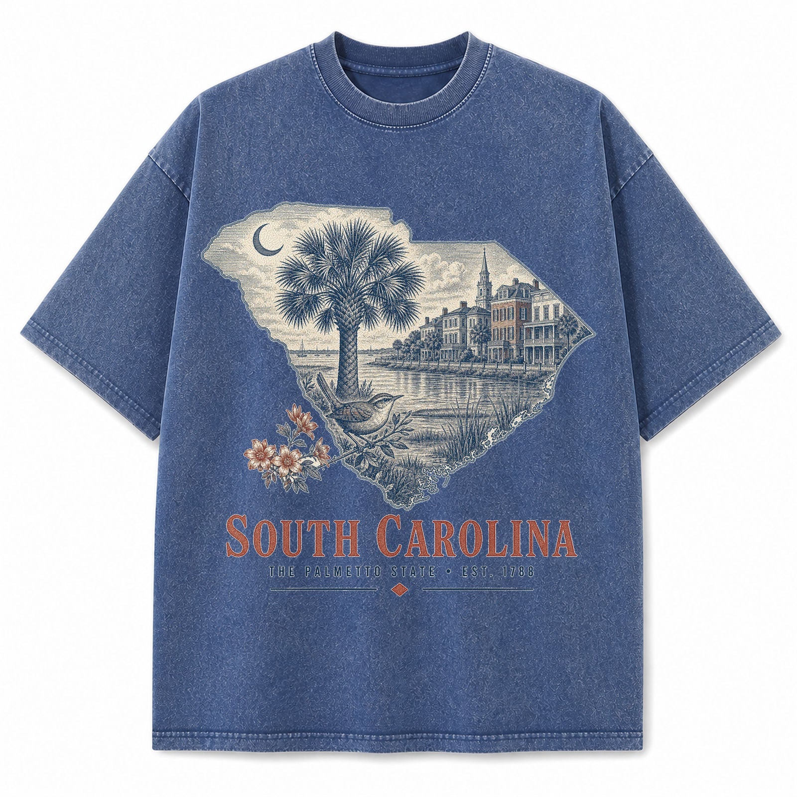 Vintage Washed South Carolina Palmetto Graphic Tee in Blue, front view on a white background