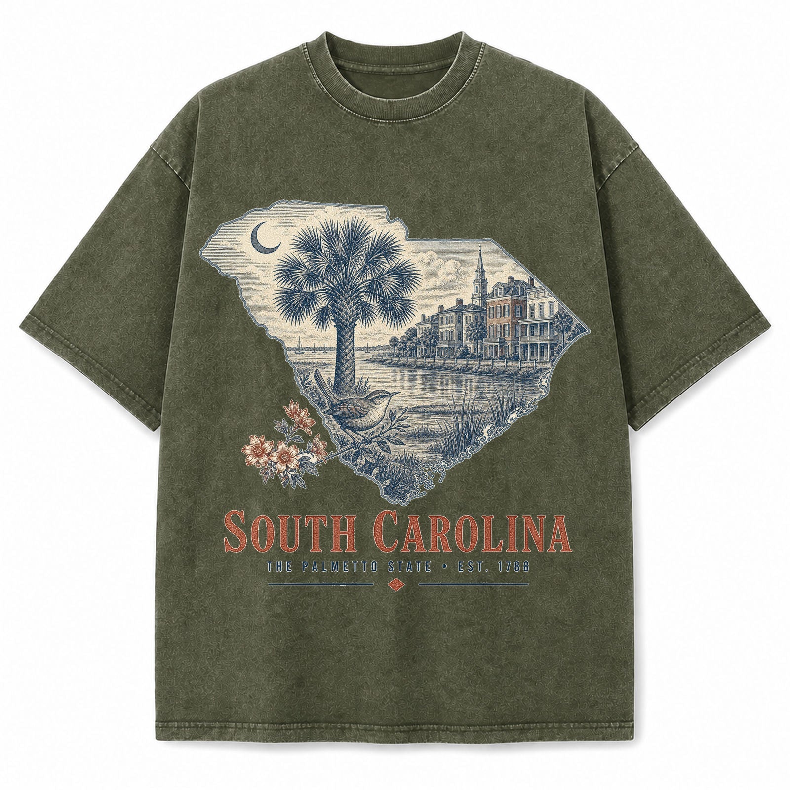 Vintage Washed South Carolina Palmetto Graphic Tee in Military Green, front view on a white background