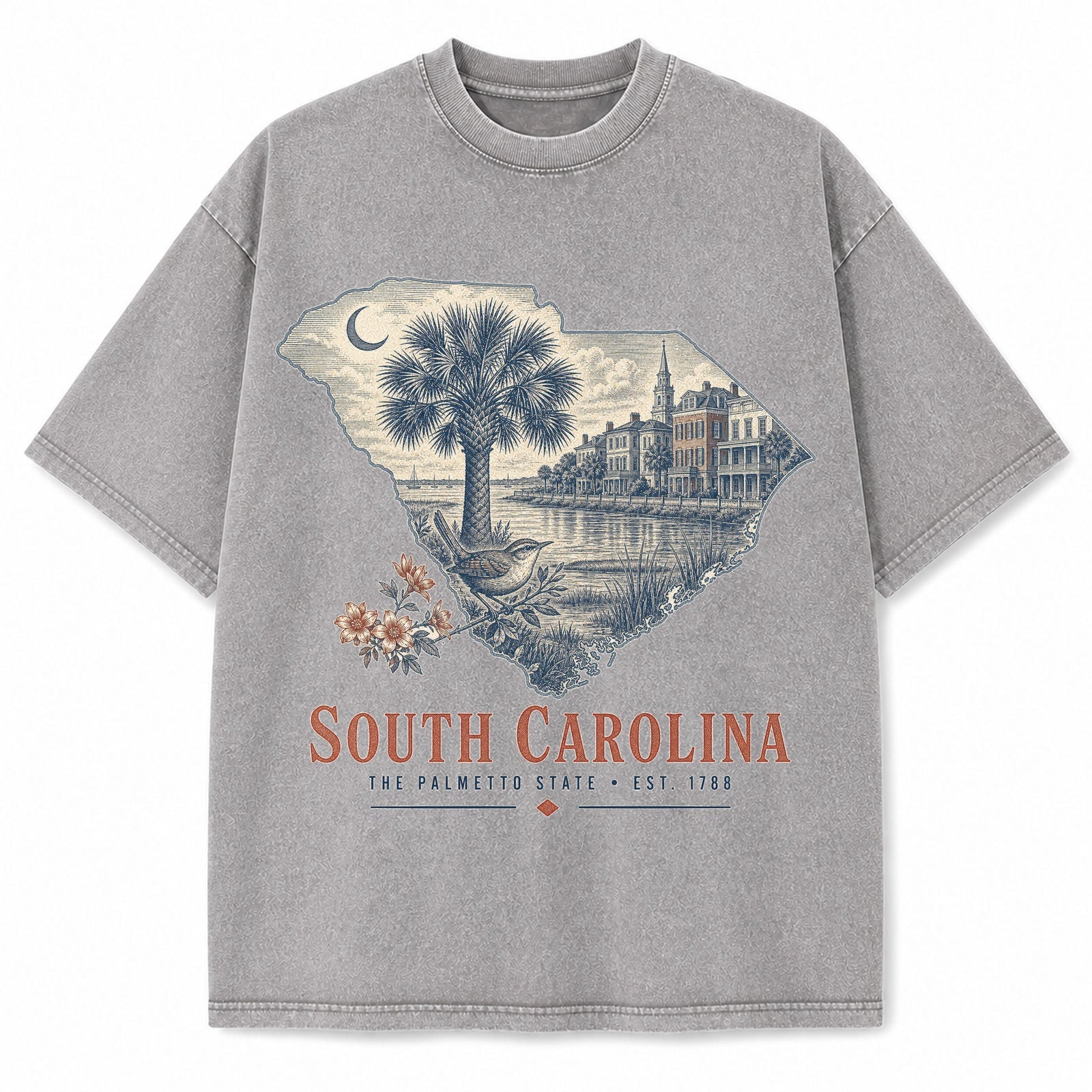 Vintage Washed South Carolina Palmetto Graphic Tee in Light Gray, front view on a white background