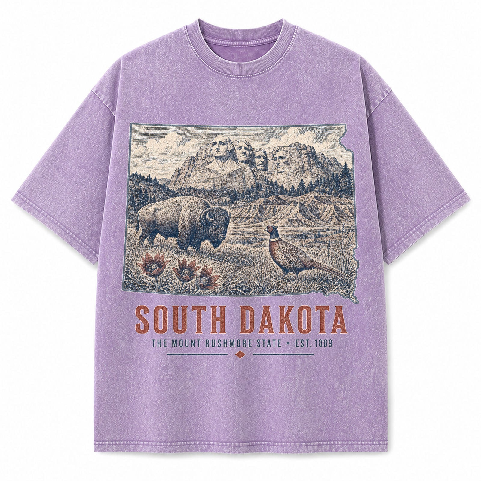 Vintage Washed South Dakota Mount Rushmore Graphic Tee in Purple, front view on a white background