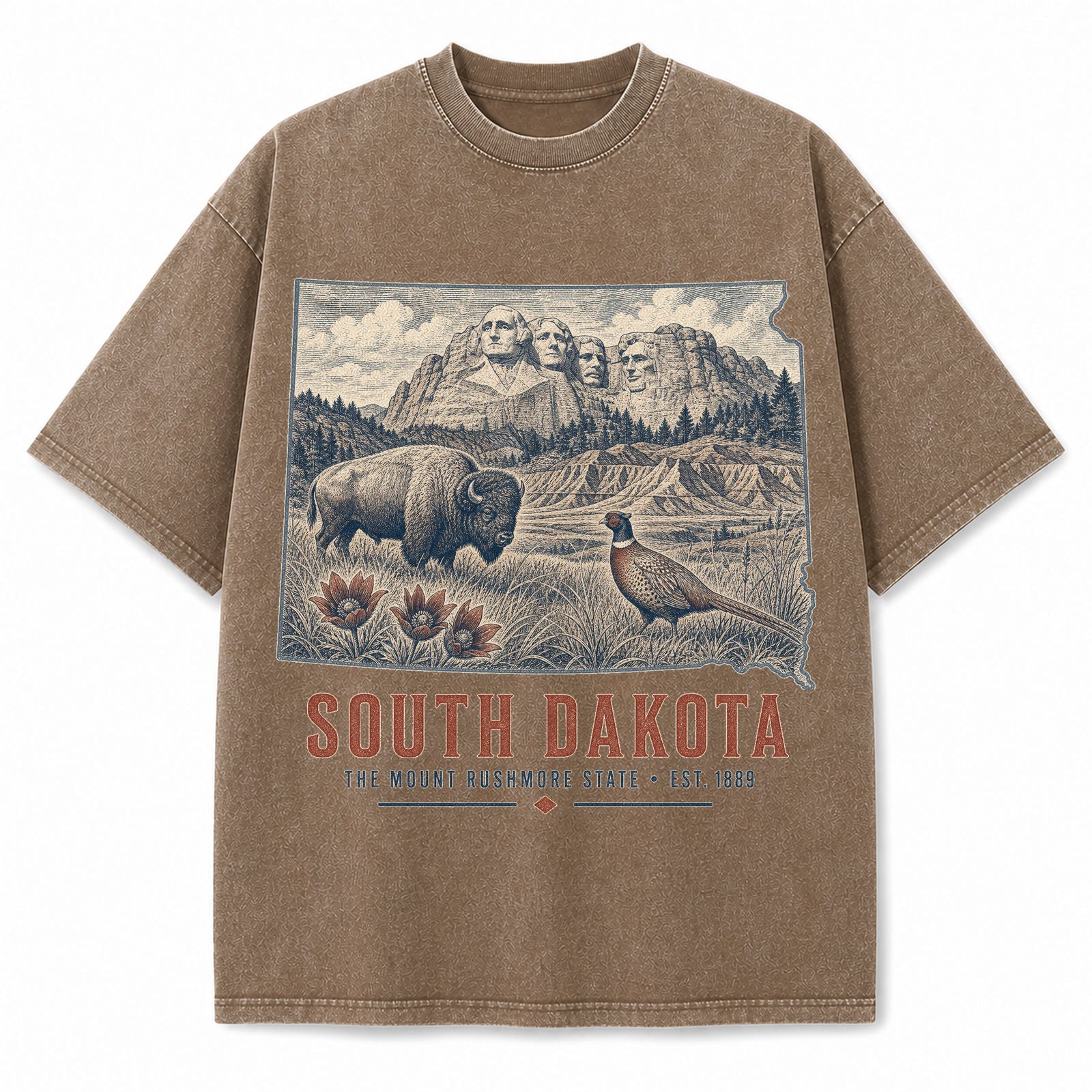 Vintage Washed South Dakota Mount Rushmore Graphic Tee in Brown, front view on a white background
