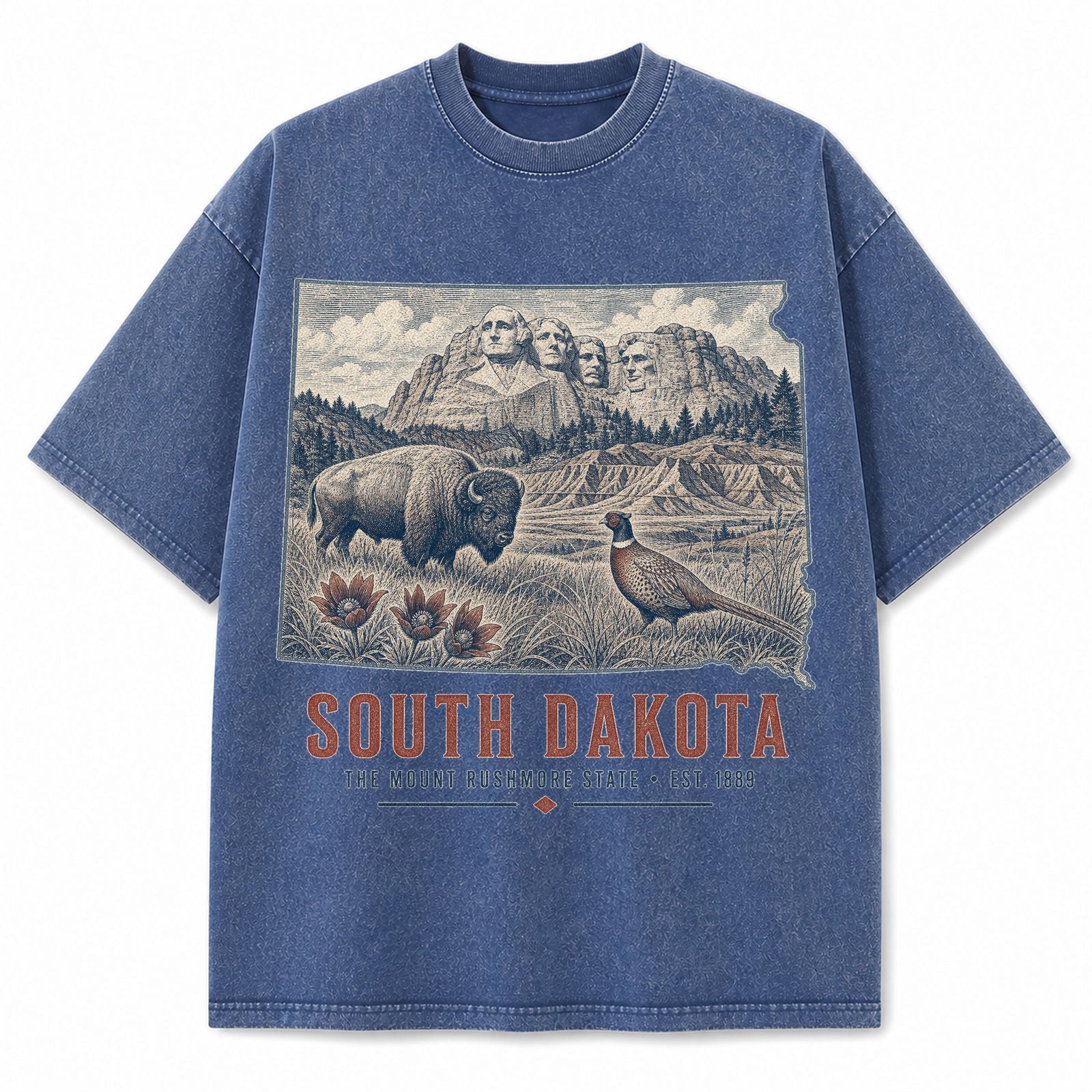 Vintage Washed South Dakota Mount Rushmore Graphic Tee in Blue, front view on a white background