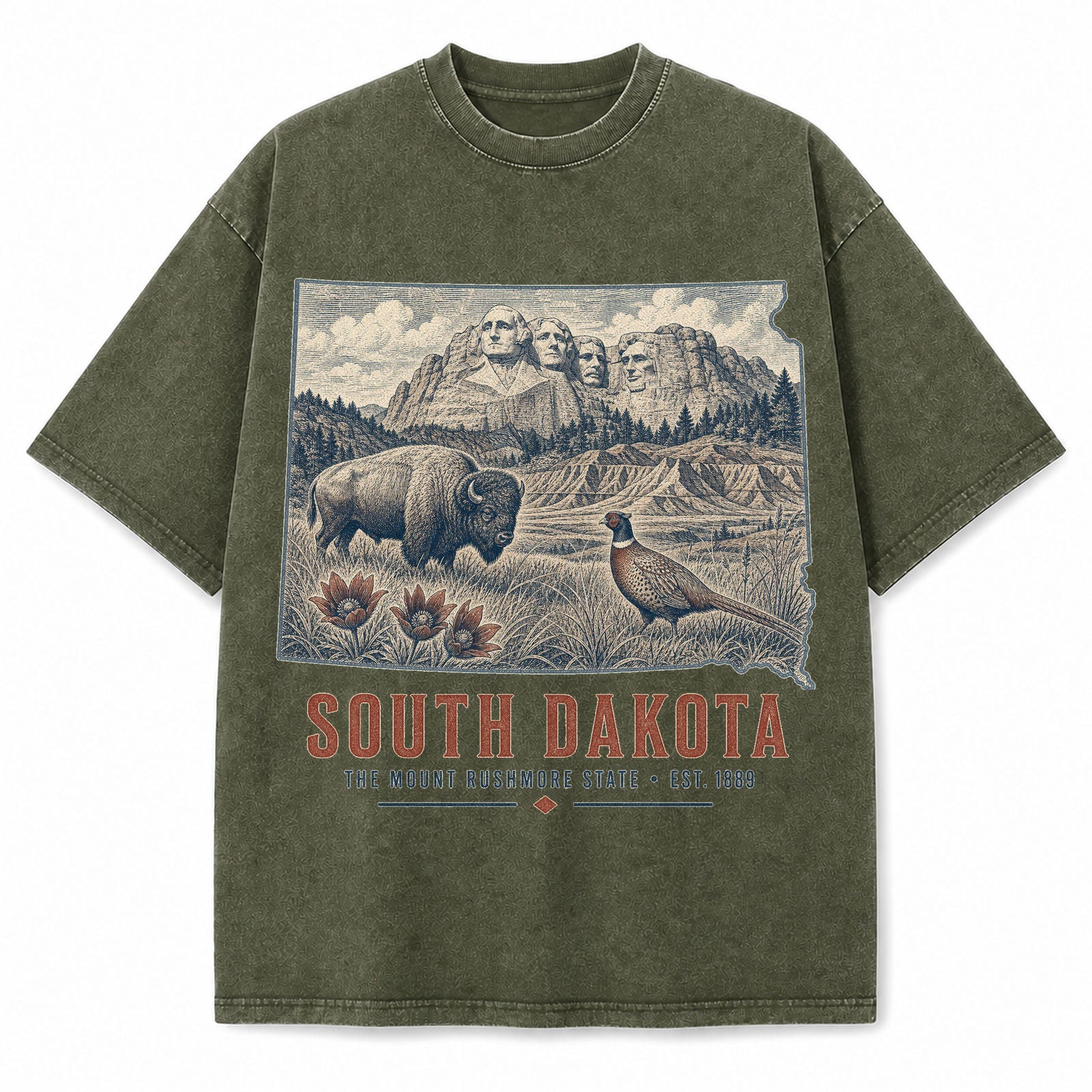 Vintage Washed South Dakota Mount Rushmore Graphic Tee in Military Green, front view on a white background