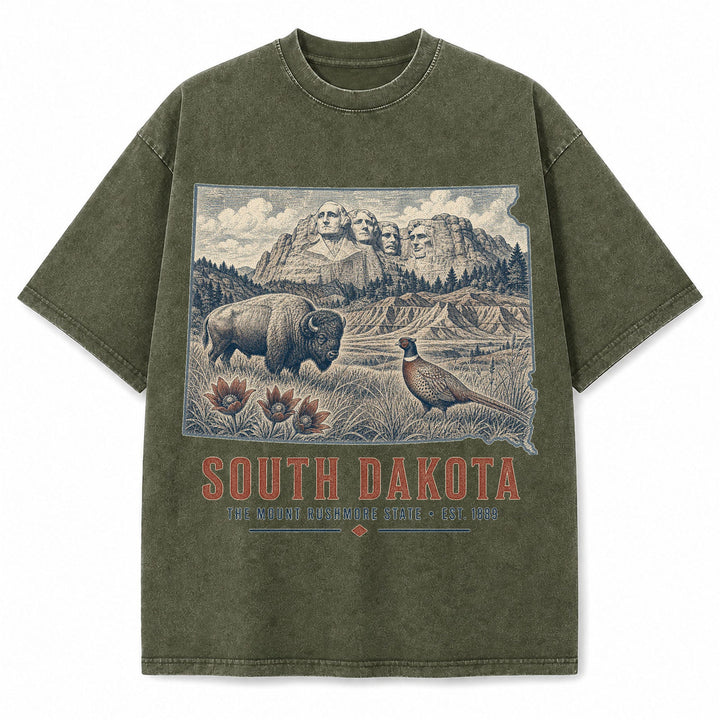 Vintage Washed South Dakota Mount Rushmore Graphic Tee in Military Green, front view on a white background