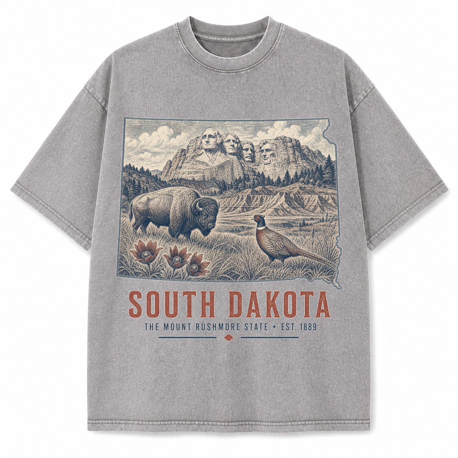 Vintage Washed South Dakota Mount Rushmore Graphic Tee in Light Gray, front view on a white background