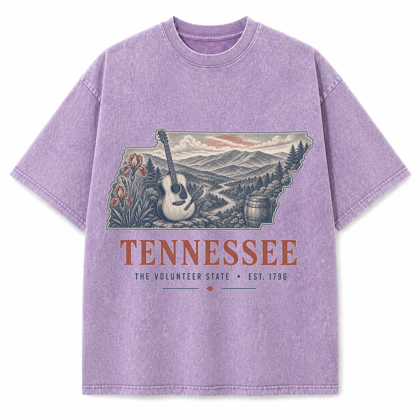 Vintage Washed Tennessee Guitar Graphic Tee in Purple, front view on a white background