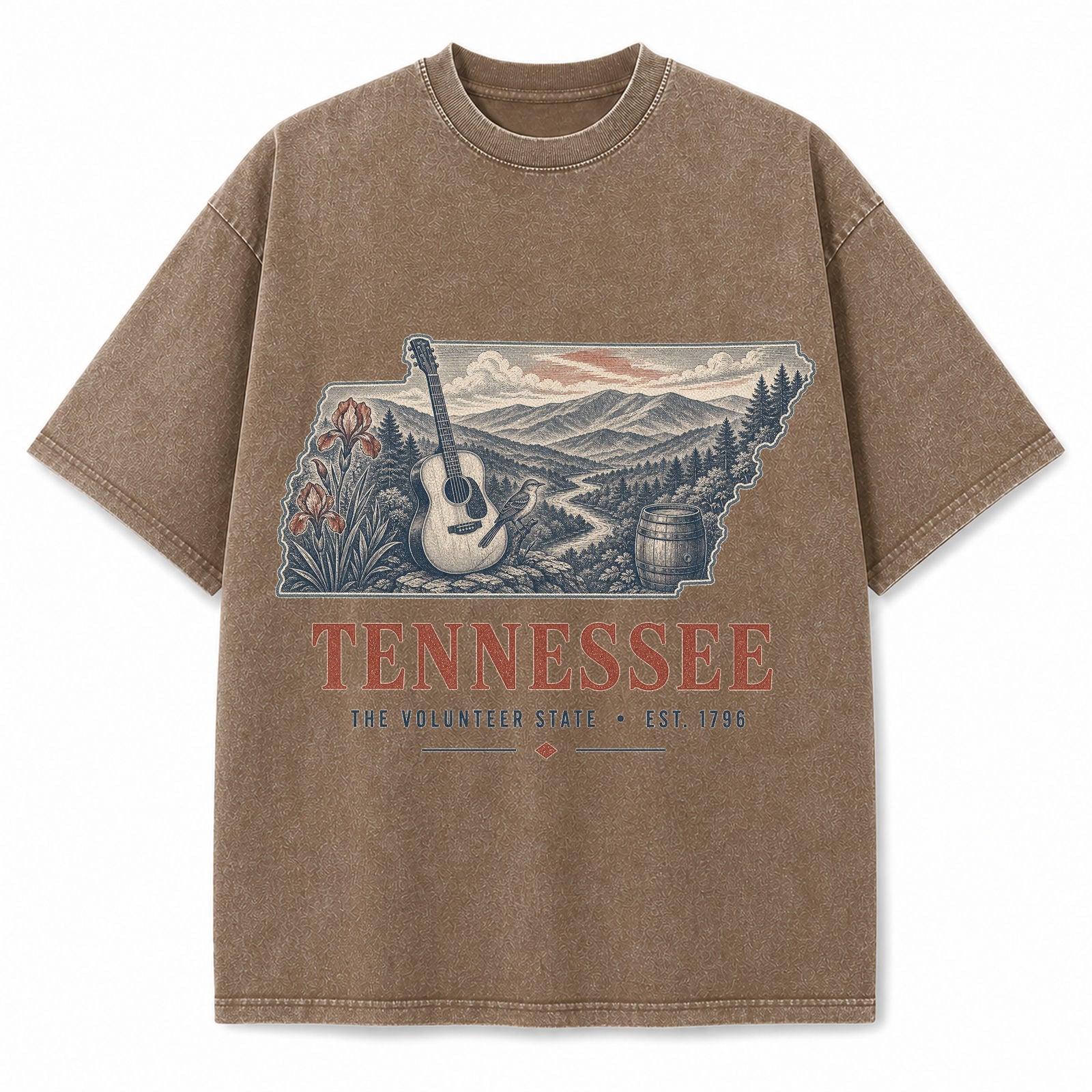 Vintage Washed Tennessee Guitar Graphic Tee in Brown, front view on a white background