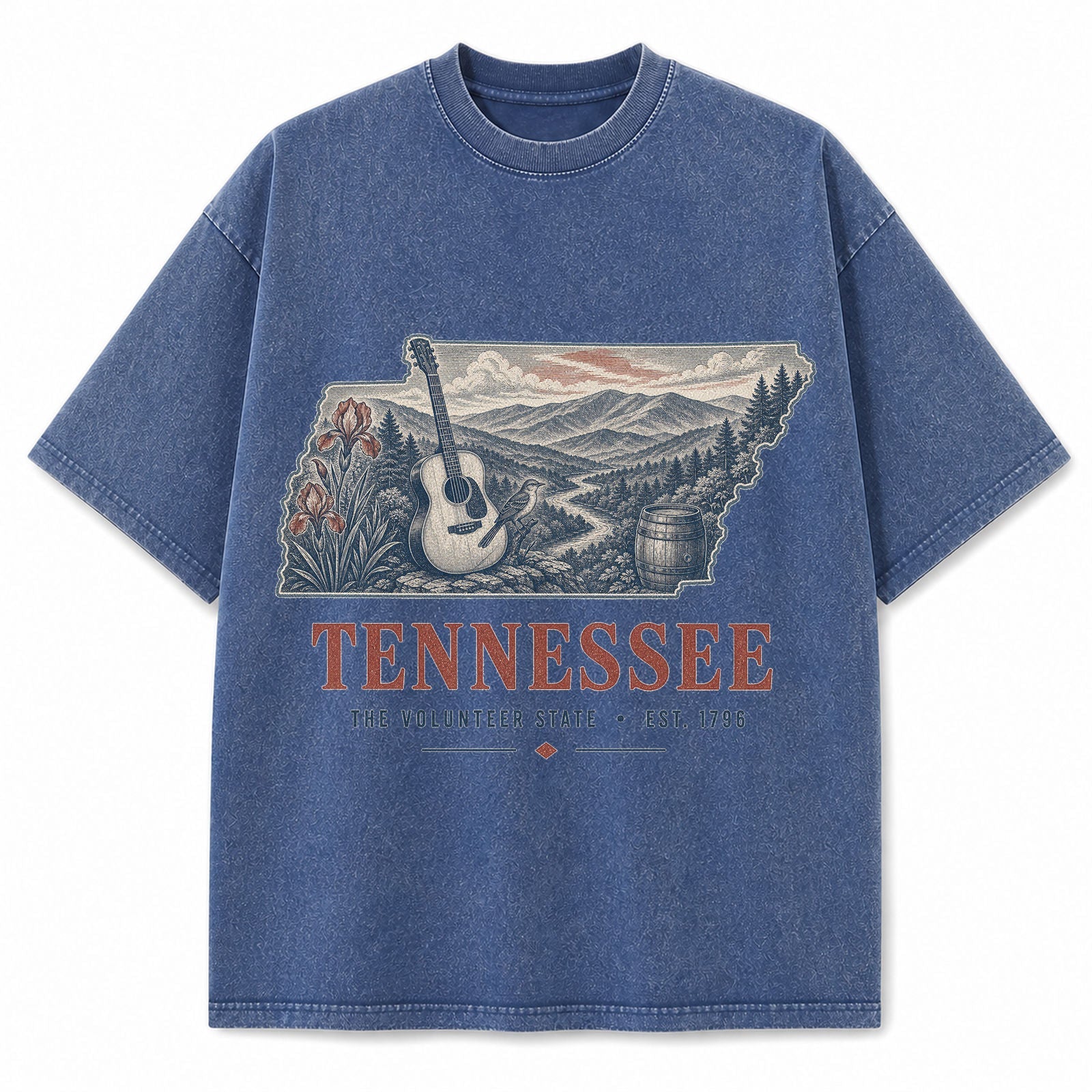 Vintage Washed Tennessee Guitar Graphic Tee in Blue, front view on a white background