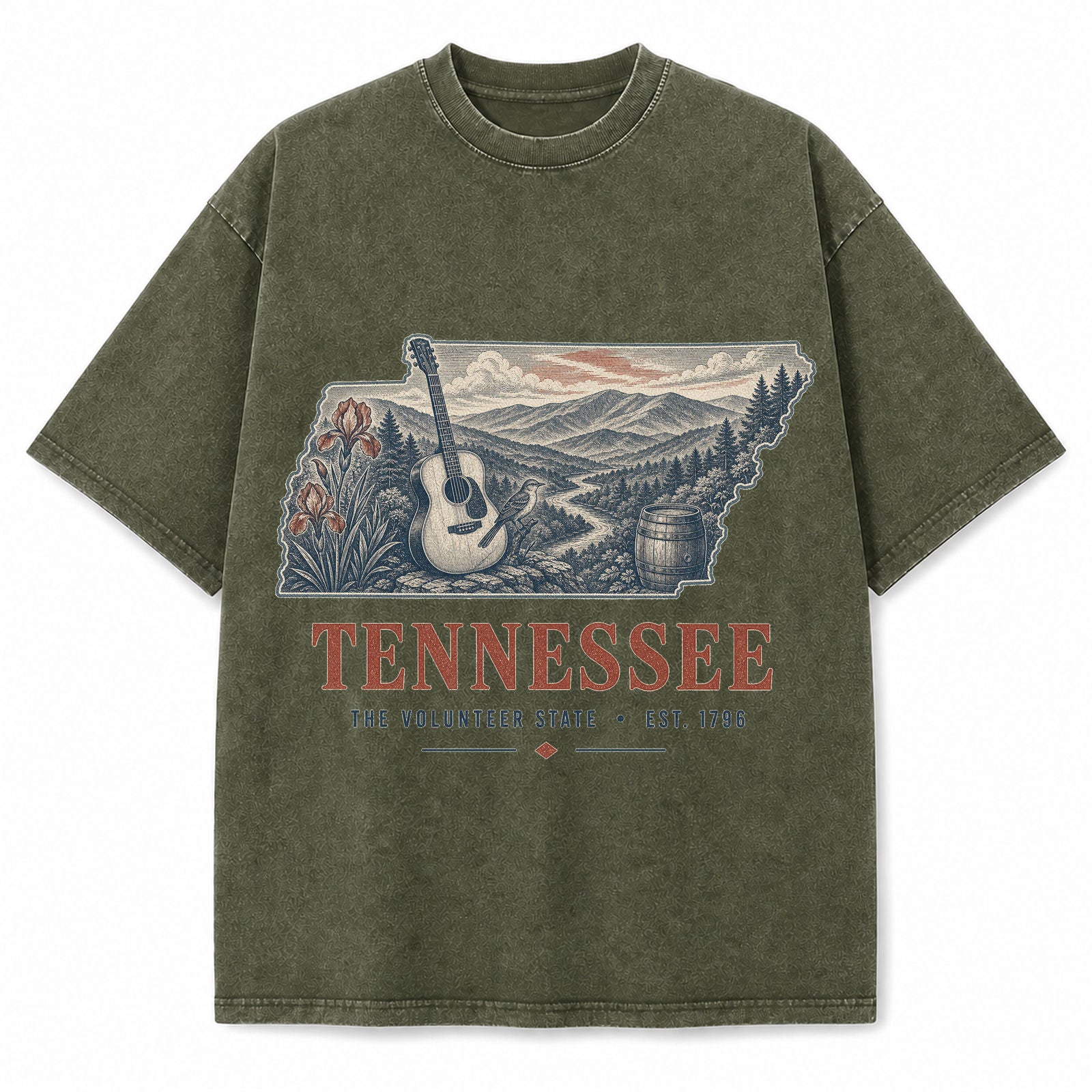 Vintage Washed Tennessee Guitar Graphic Tee in Military Green, front view on a white background