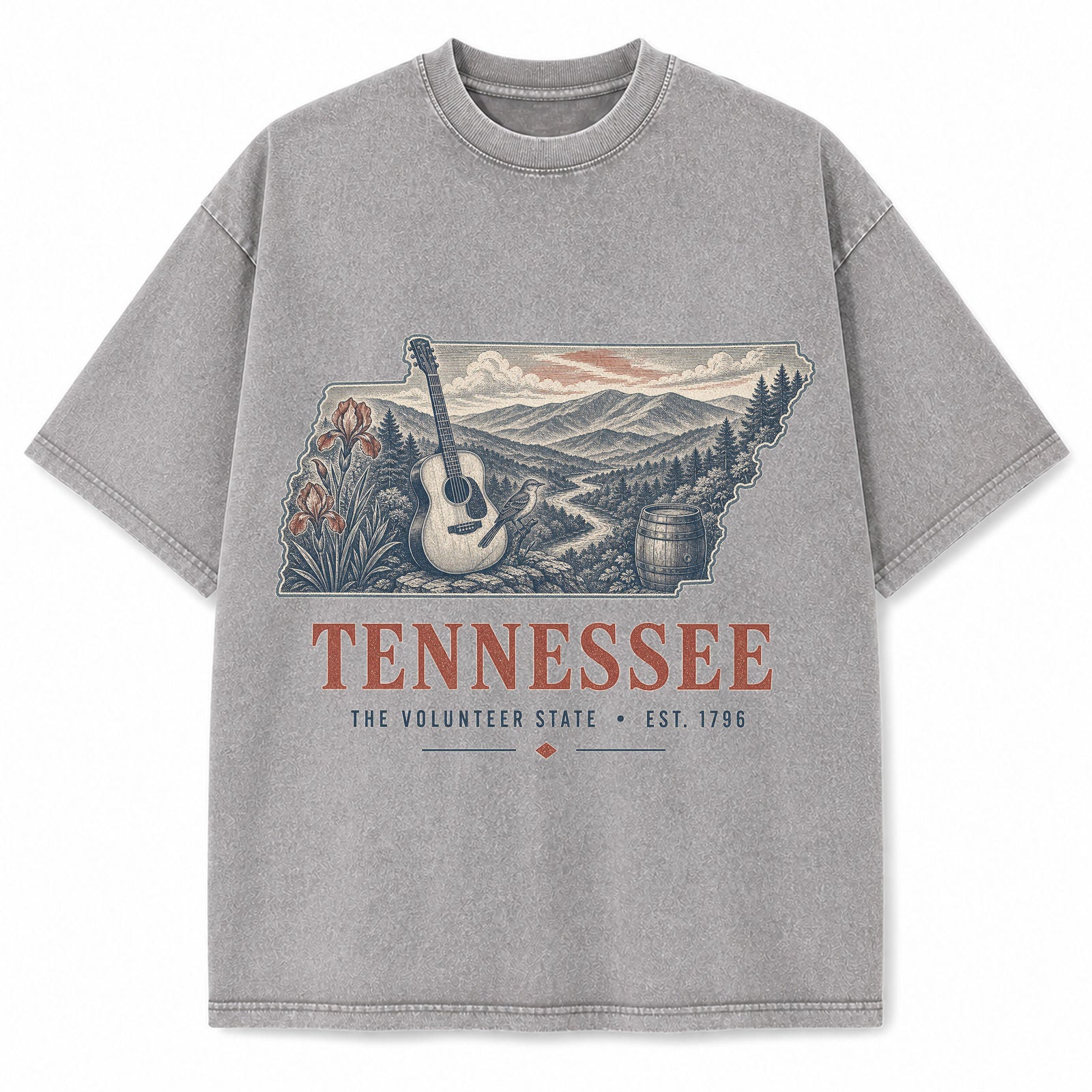 Vintage Washed Tennessee Guitar Graphic Tee in Light Gray, front view on a white background