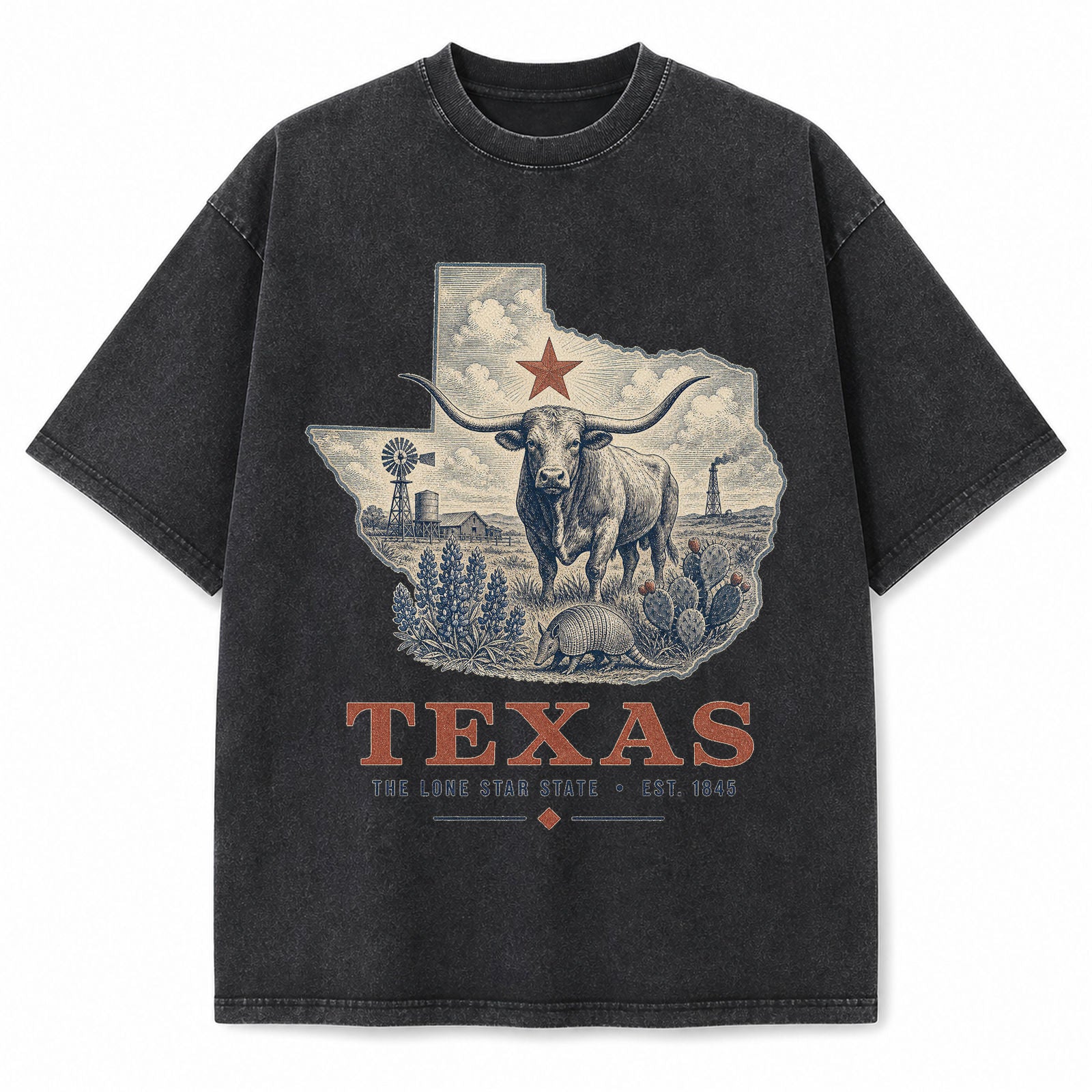 Vintage Washed Texas Longhorn Graphic Tee in Black, front view on a white background