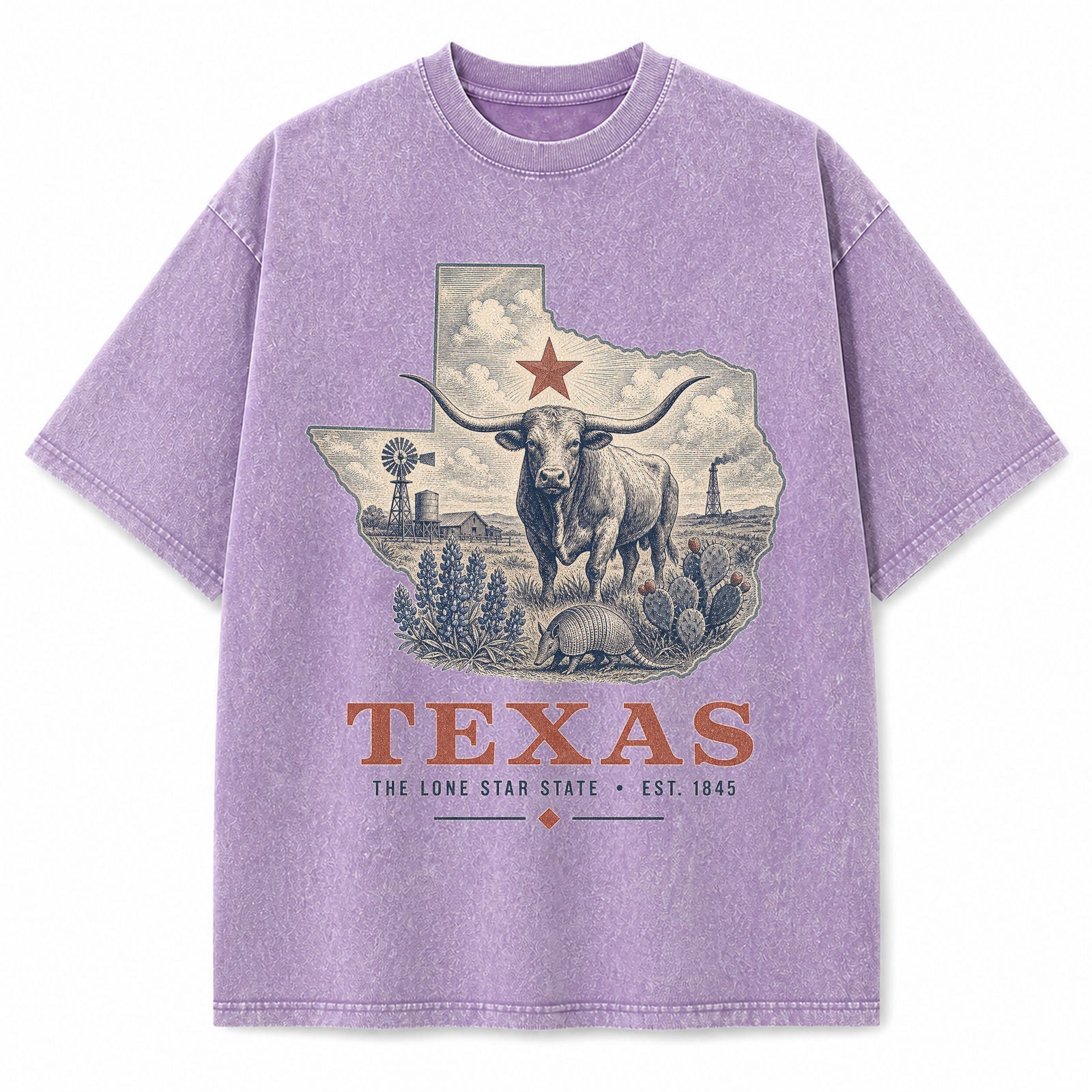 Vintage Washed Texas Longhorn Graphic Tee in Purple, front view on a white background