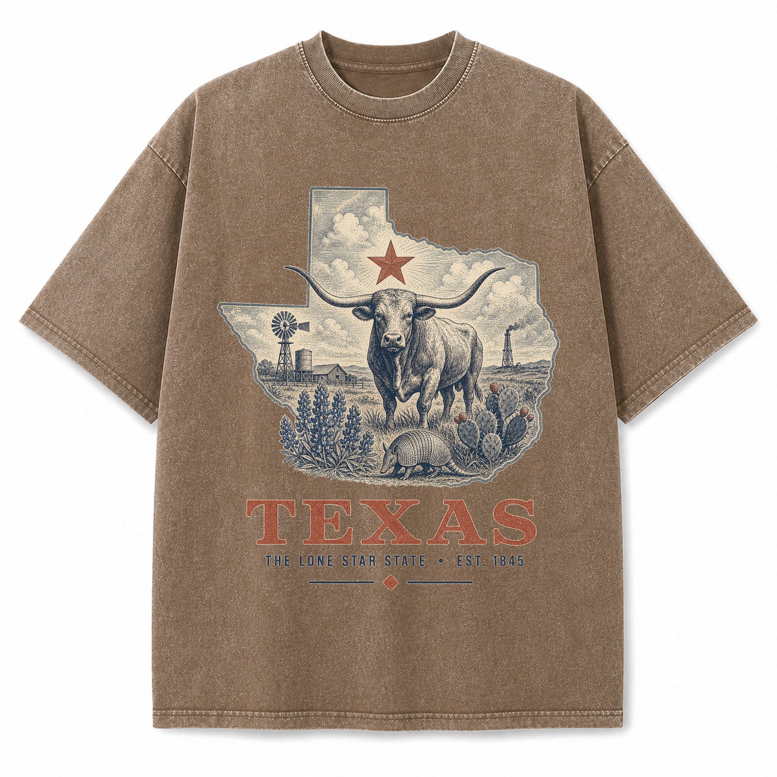 Vintage Washed Texas Longhorn Graphic Tee in Brown, front view on a white background
