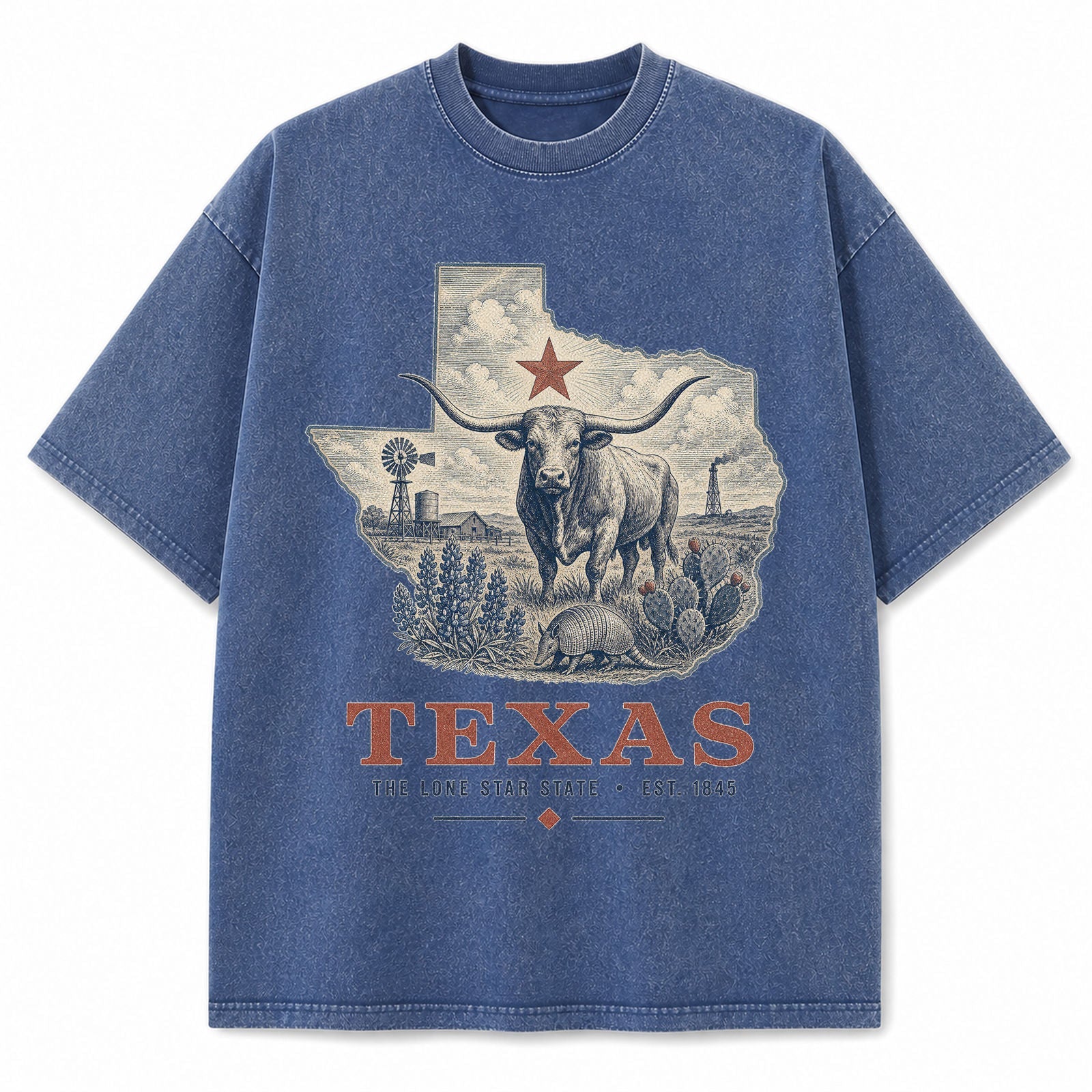 Vintage Washed Texas Longhorn Graphic Tee in Blue, front view on a white background