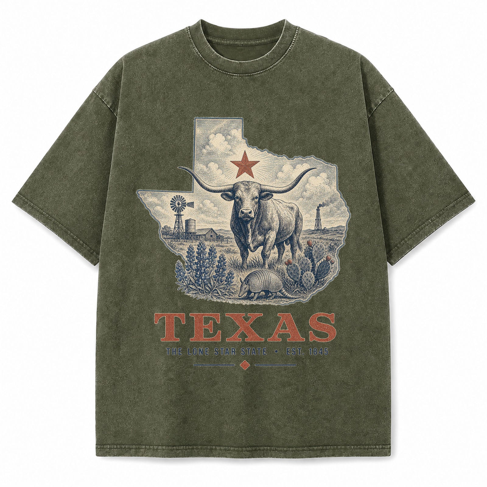 Vintage Washed Texas Longhorn Graphic Tee in Military Green, front view on a white background