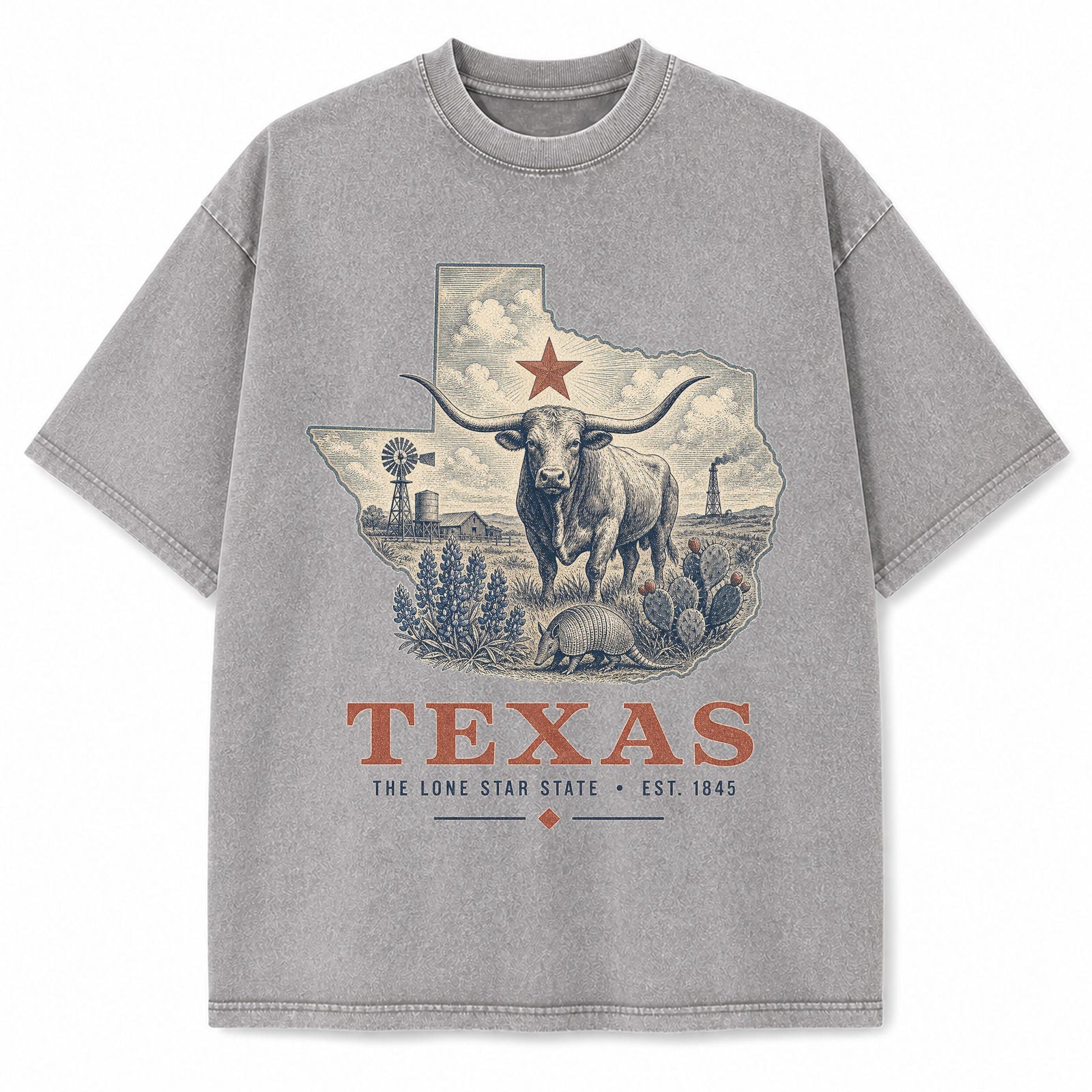 Vintage Washed Texas Longhorn Graphic Tee in Light Gray, front view on a white background