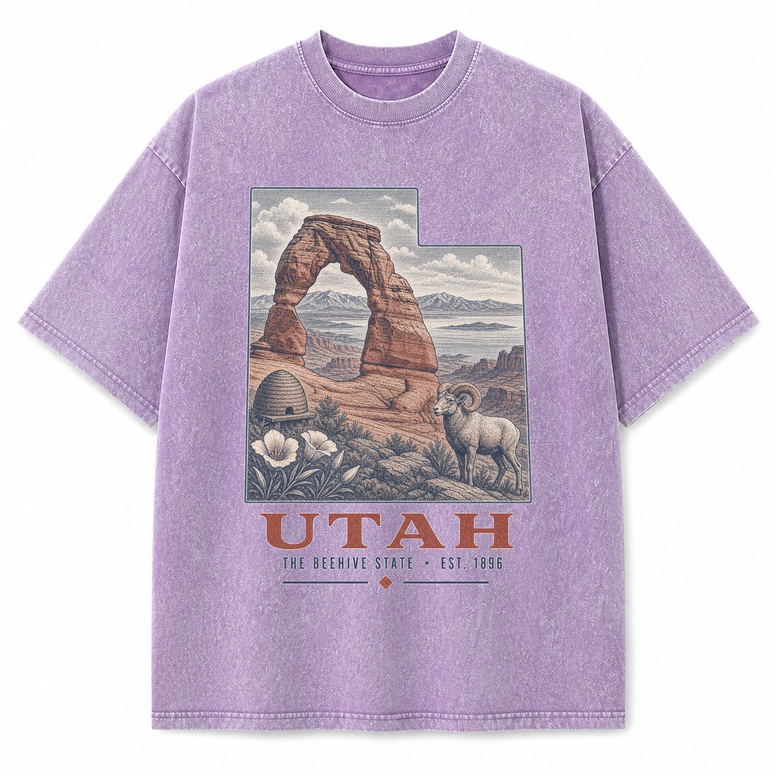 Vintage Washed Utah Delicate Arch Graphic Tee in Purple, front view on a white background