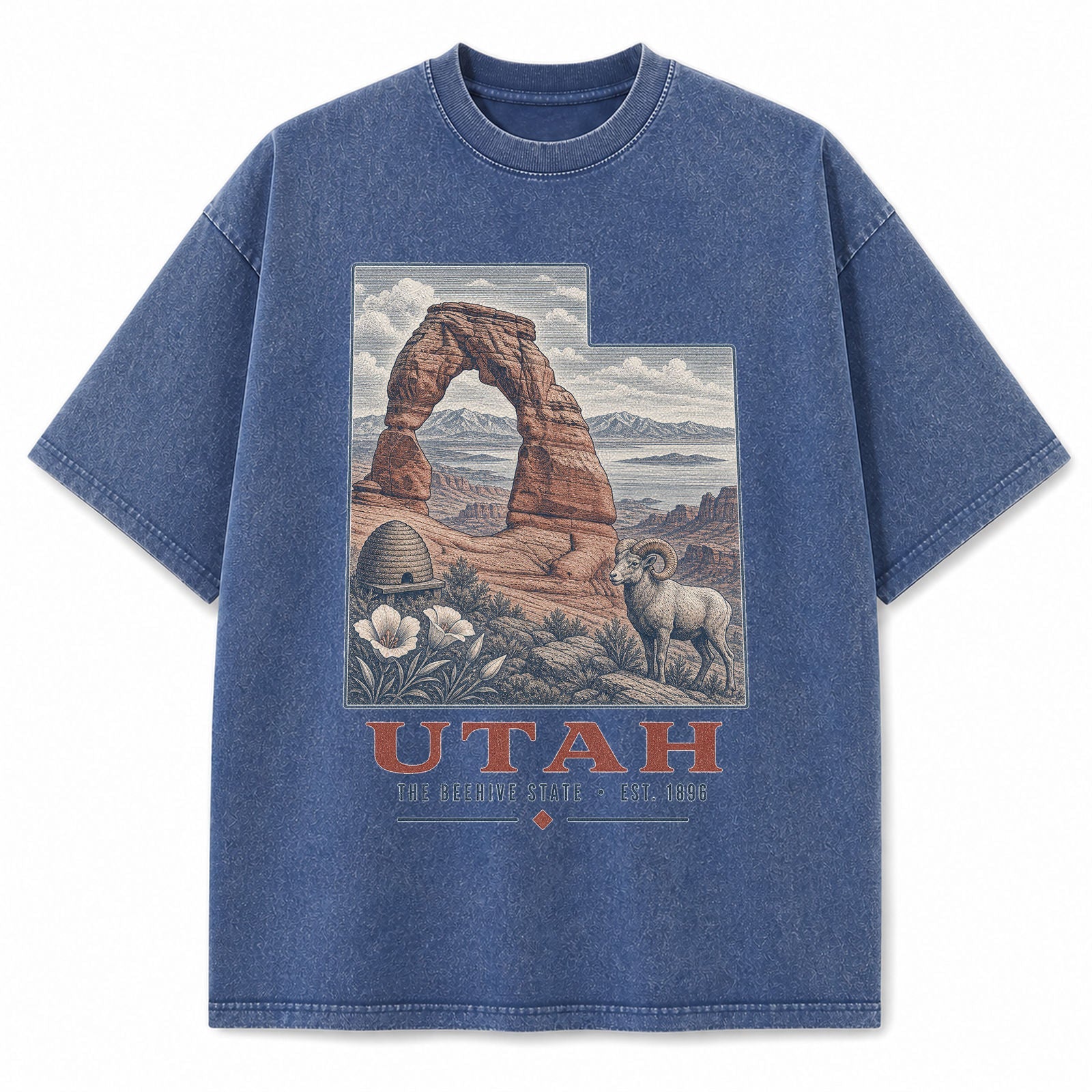 Vintage Washed Utah Delicate Arch Graphic Tee in Blue, front view on a white background