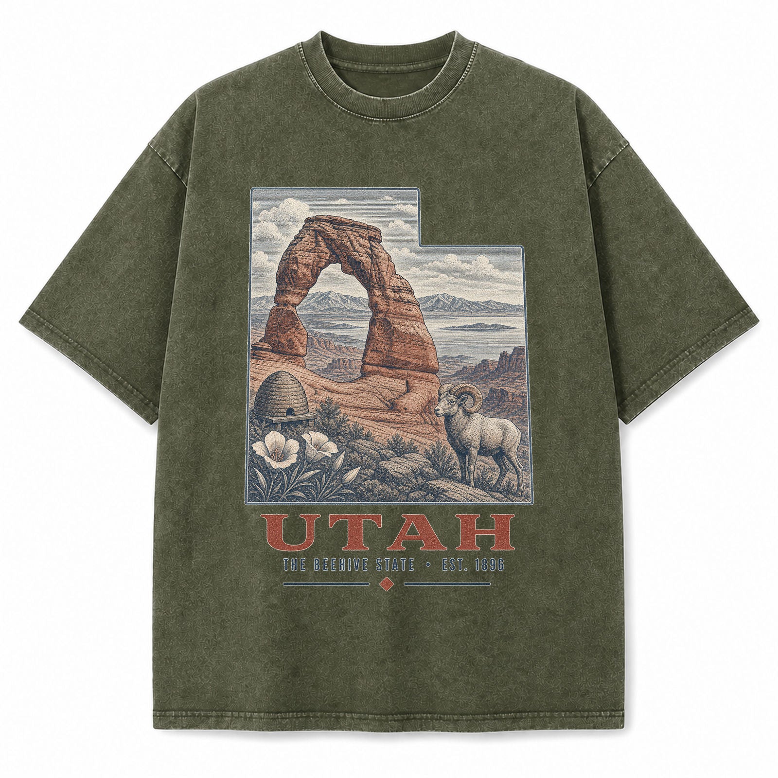 Vintage Washed Utah Delicate Arch Graphic Tee in Military Green, front view on a white background