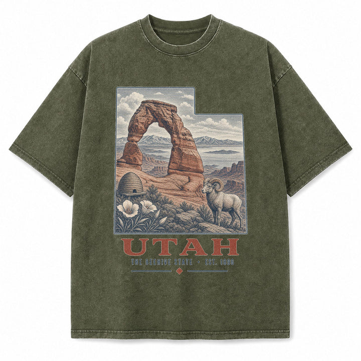 Vintage Washed Utah Delicate Arch Graphic Tee in Military Green, front view on a white background