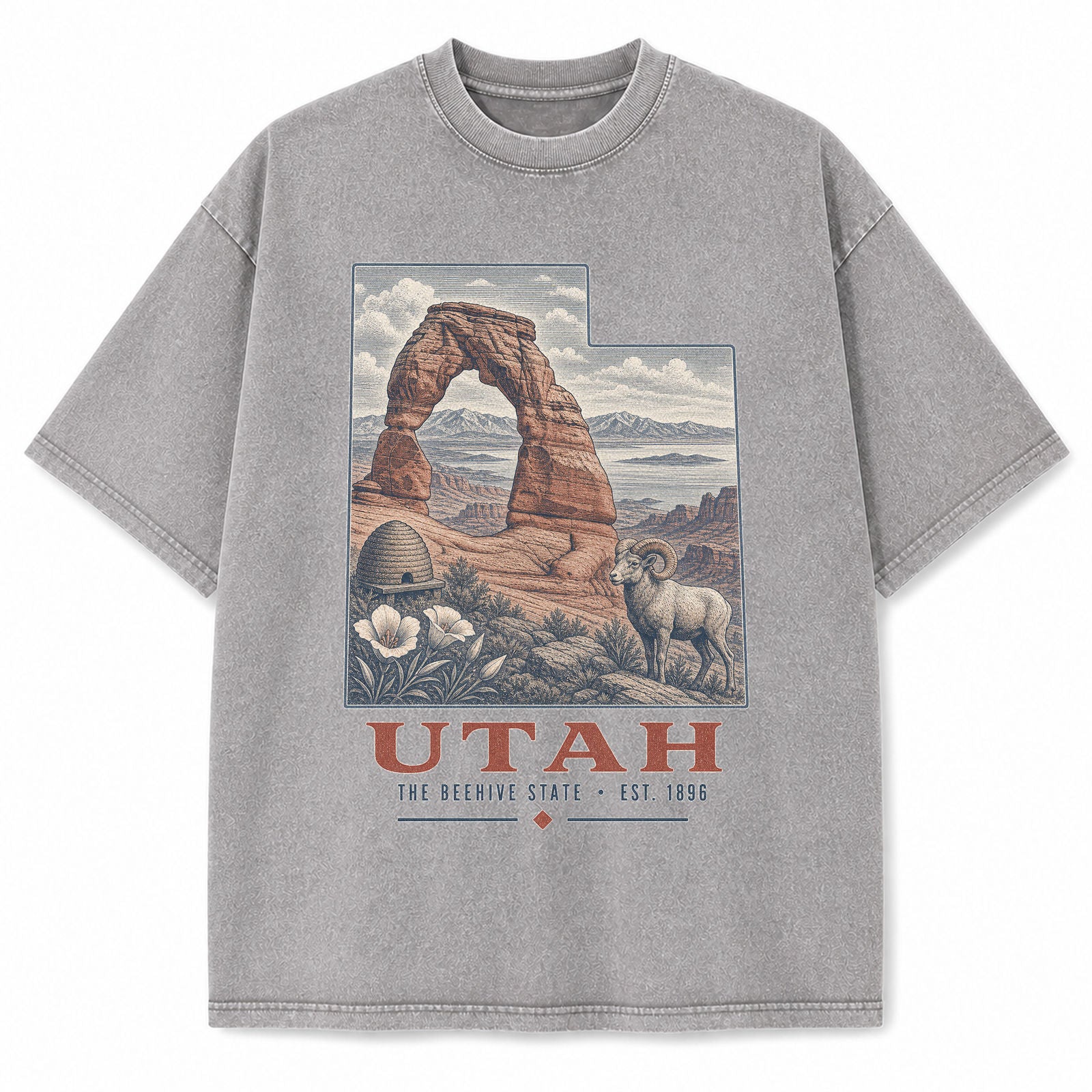Vintage Washed Utah Delicate Arch Graphic Tee in Light Gray, front view on a white background