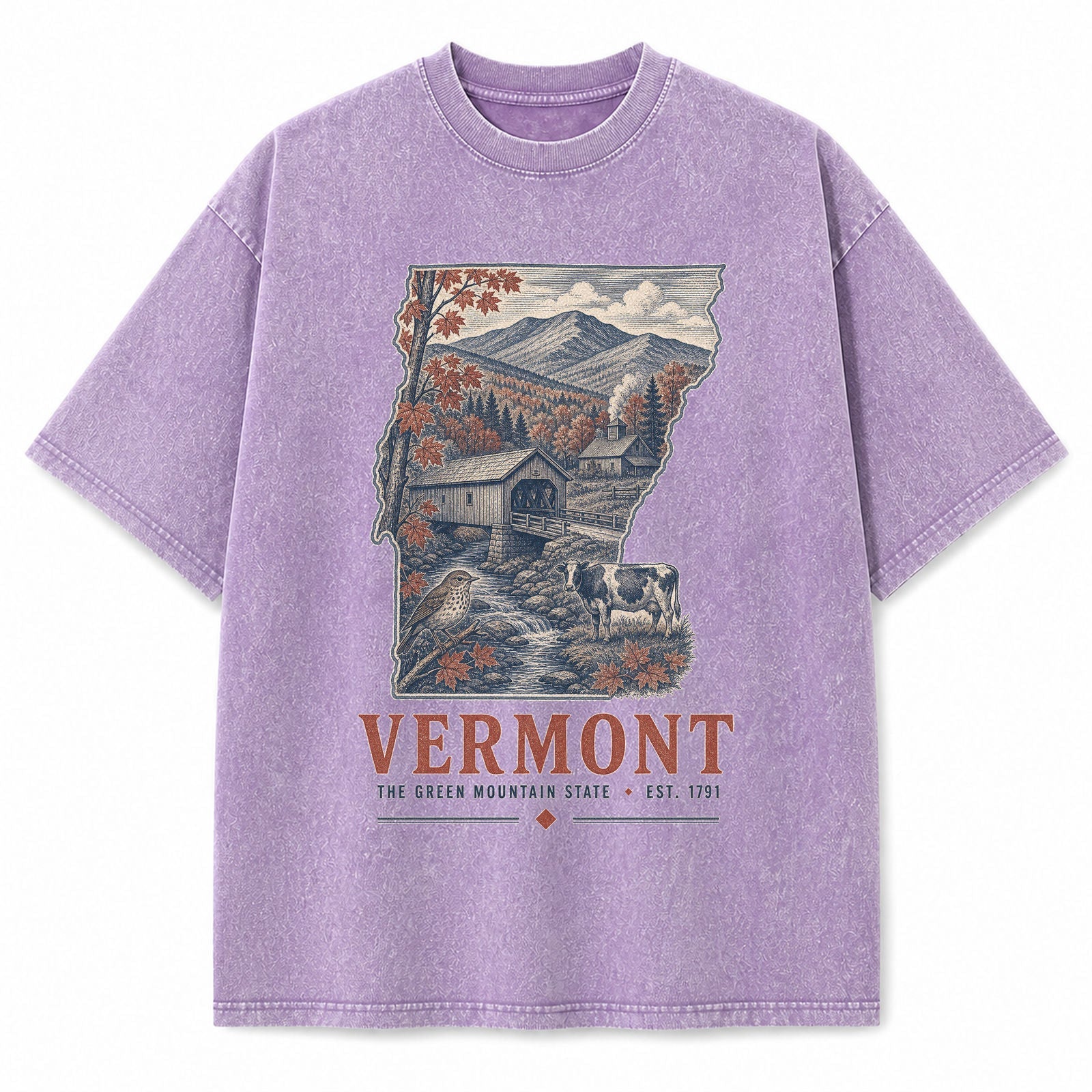 Vintage Washed Vermont Covered Bridge Graphic Tee in Purple, front view on a white background