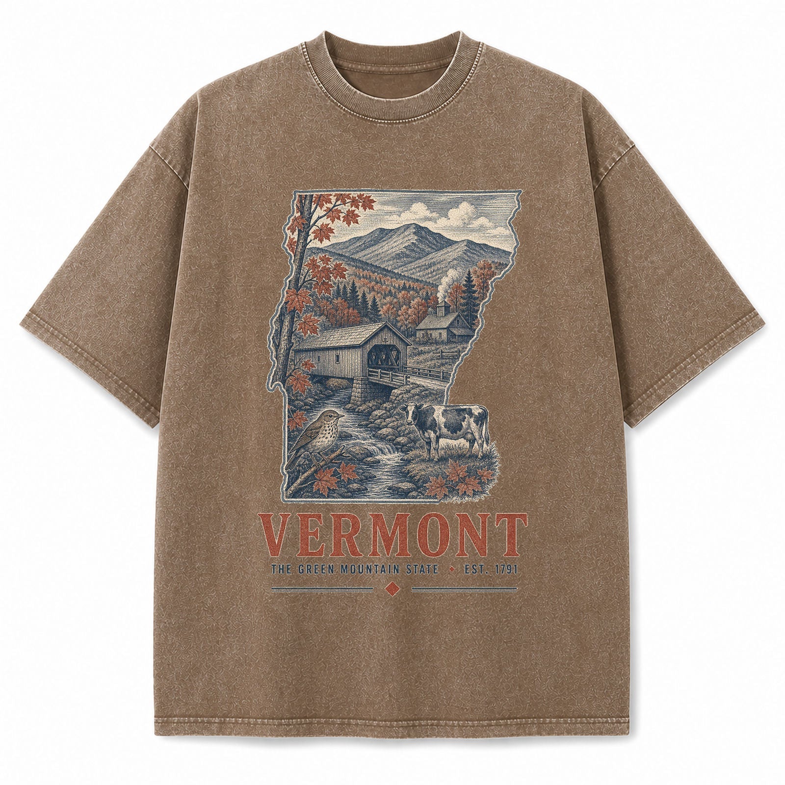 Vintage Washed Vermont Covered Bridge Graphic Tee in Brown, front view on a white background