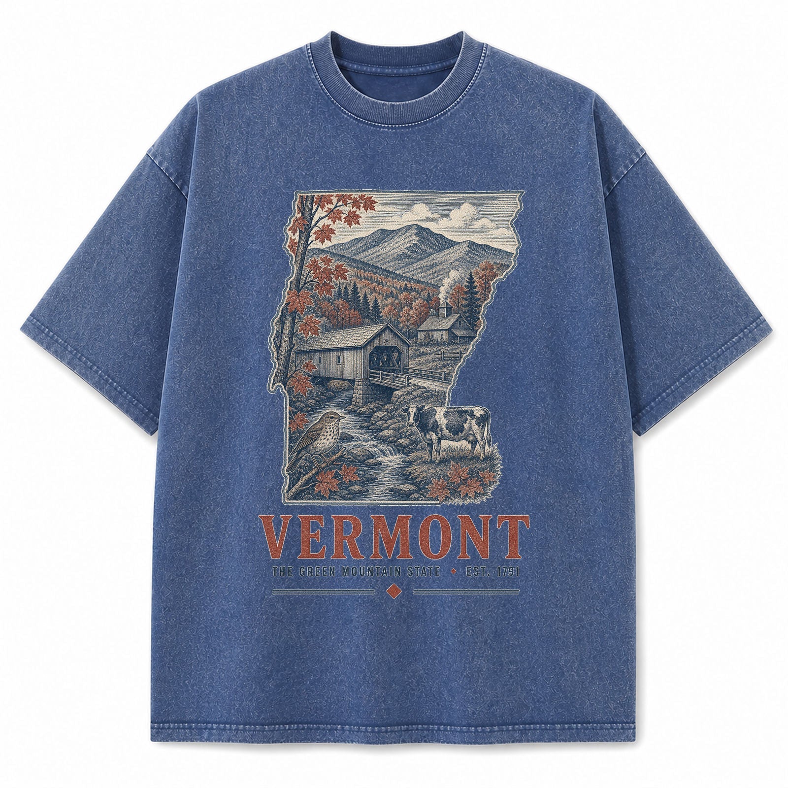 Vintage Washed Vermont Covered Bridge Graphic Tee in Blue, front view on a white background