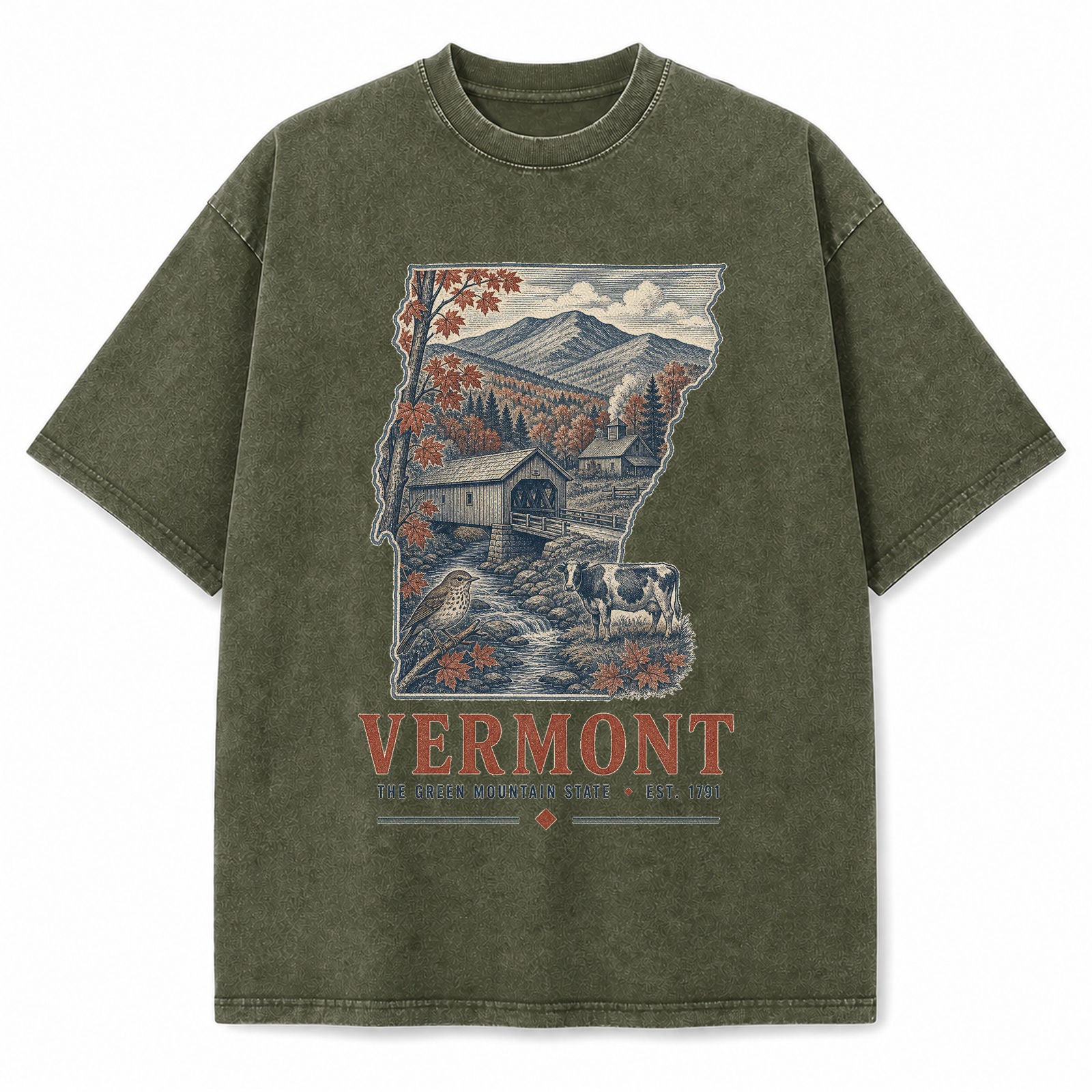 Vintage Washed Vermont Covered Bridge Graphic Tee in Military Green, front view on a white background