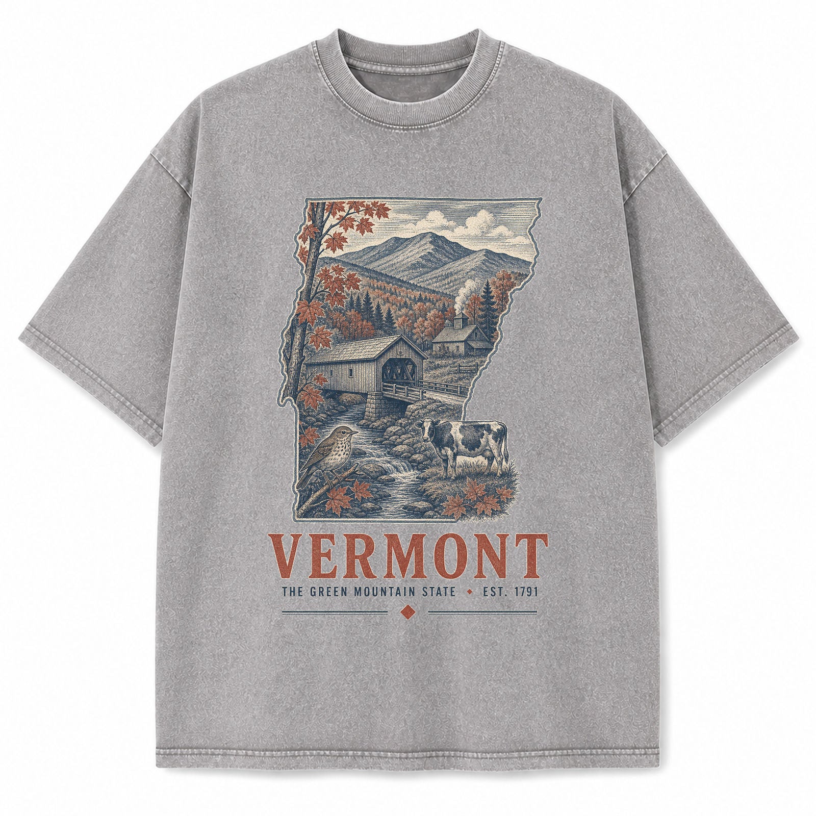 Vintage Washed Vermont Covered Bridge Graphic Tee in Light Gray, front view on a white background