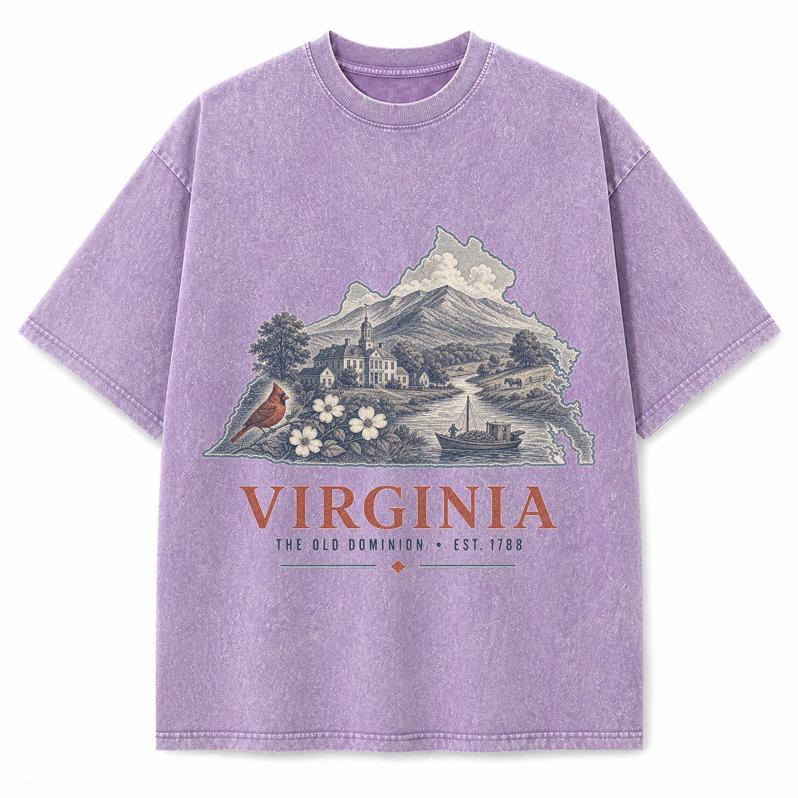 Vintage Washed Virginia Blue Ridge Graphic Tee in Purple, front view on a white background