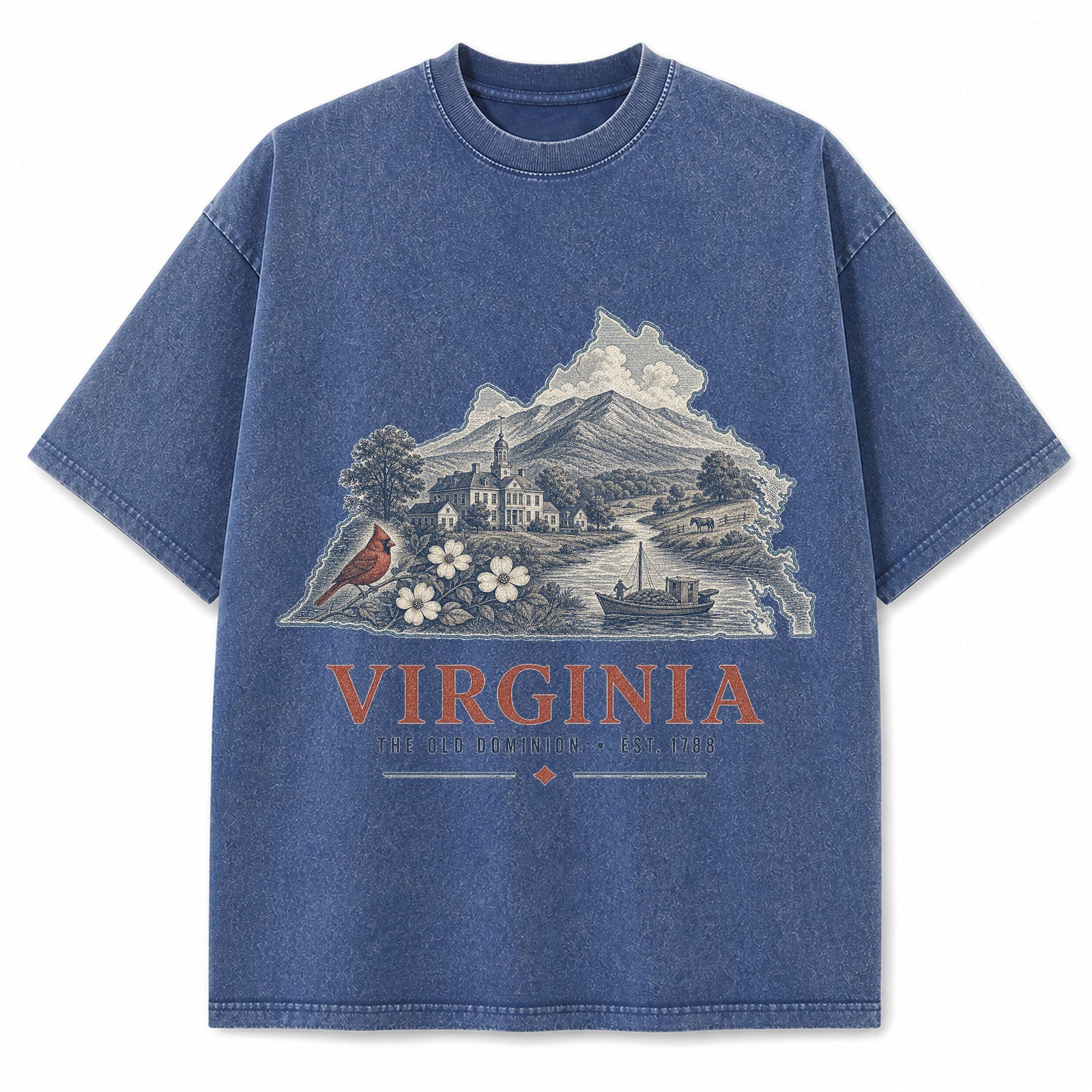 Vintage Washed Virginia Blue Ridge Graphic Tee in Blue, front view on a white background