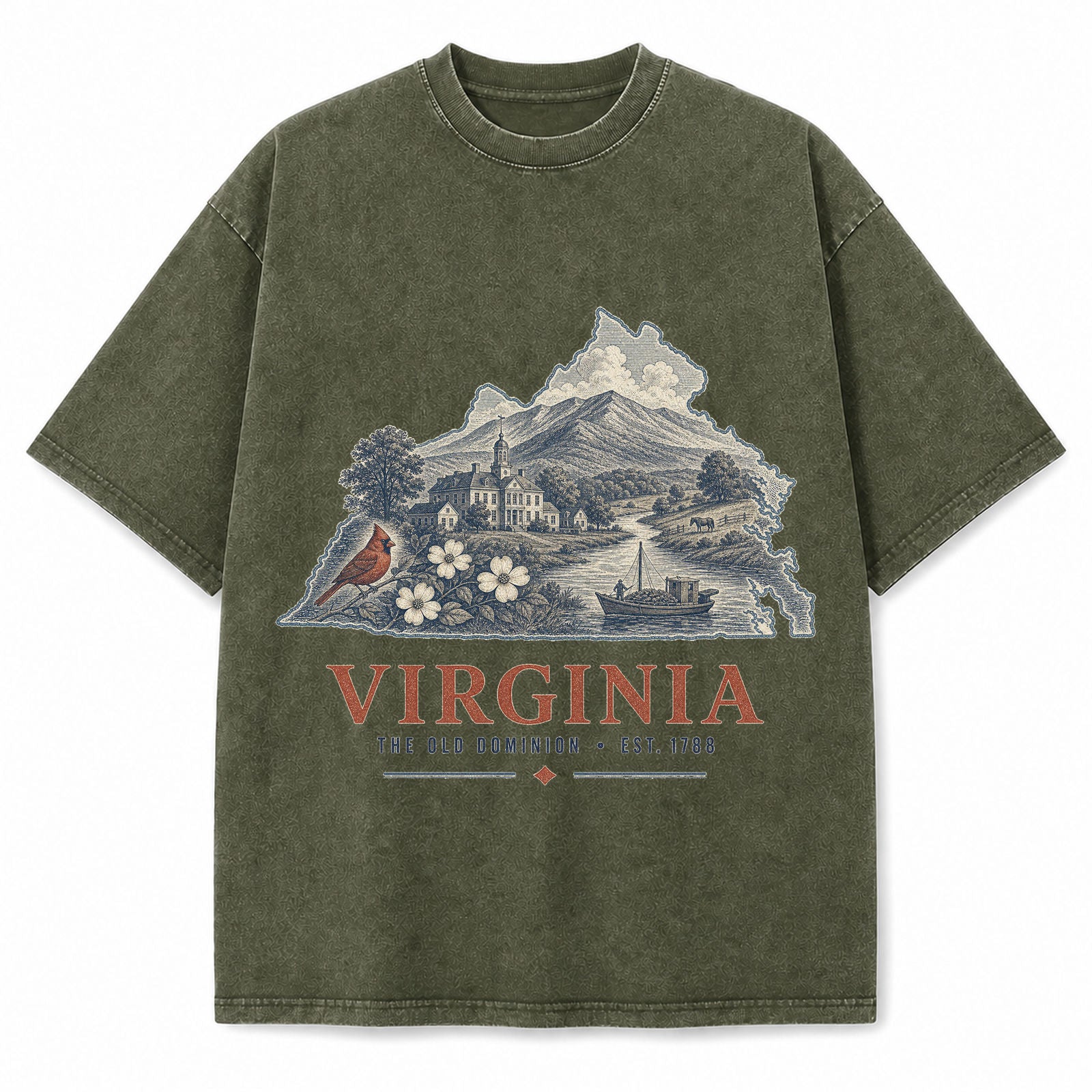 Vintage Washed Virginia Blue Ridge Graphic Tee in Military Green, front view on a white background