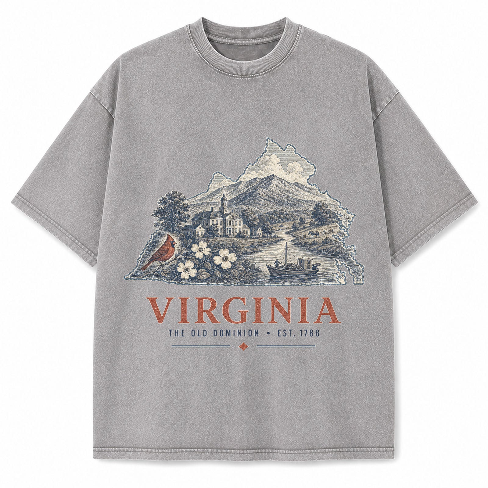 Vintage Washed Virginia Blue Ridge Graphic Tee in Light Gray, front view on a white background