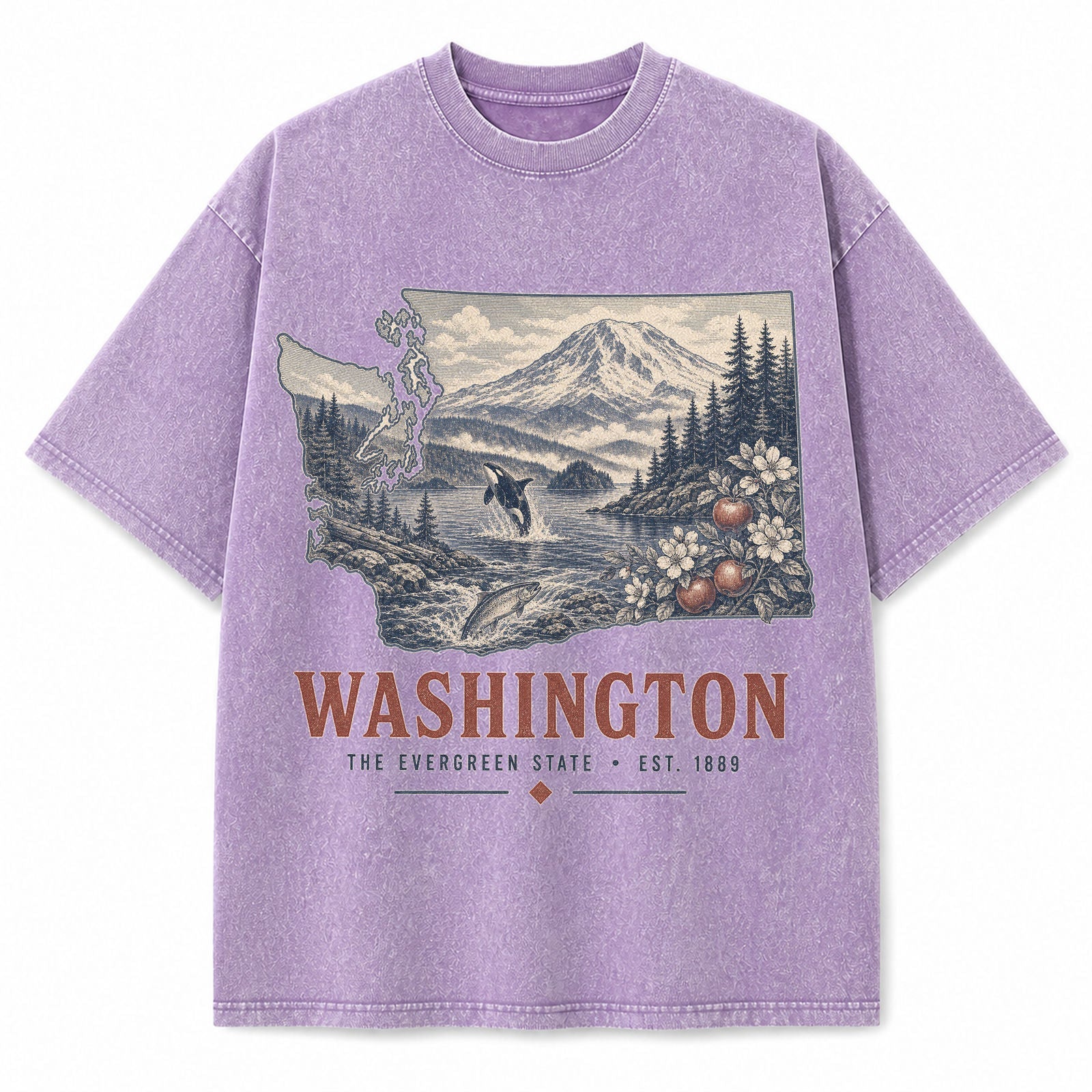 Vintage Washed Washington Mountain Graphic Tee in Purple, front view on a white background