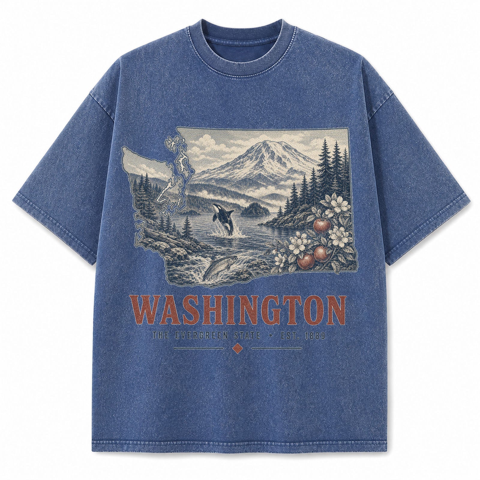 Vintage Washed Washington Mountain Graphic Tee in Blue, front view on a white background