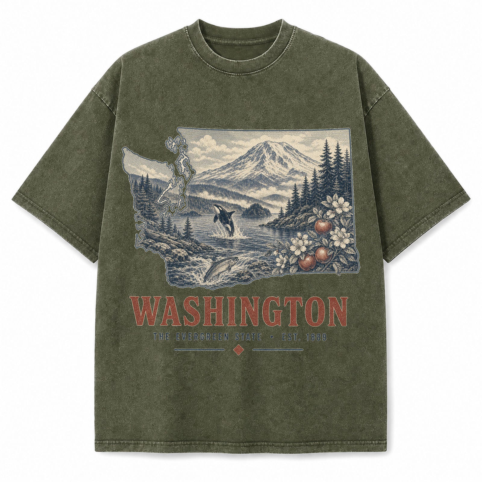 Vintage Washed Washington Mountain Graphic Tee in Military Green, front view on a white background