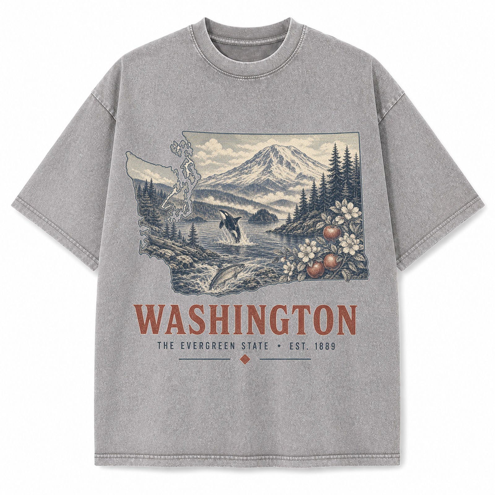 Vintage Washed Washington Mountain Graphic Tee in Light Gray, front view on a white background