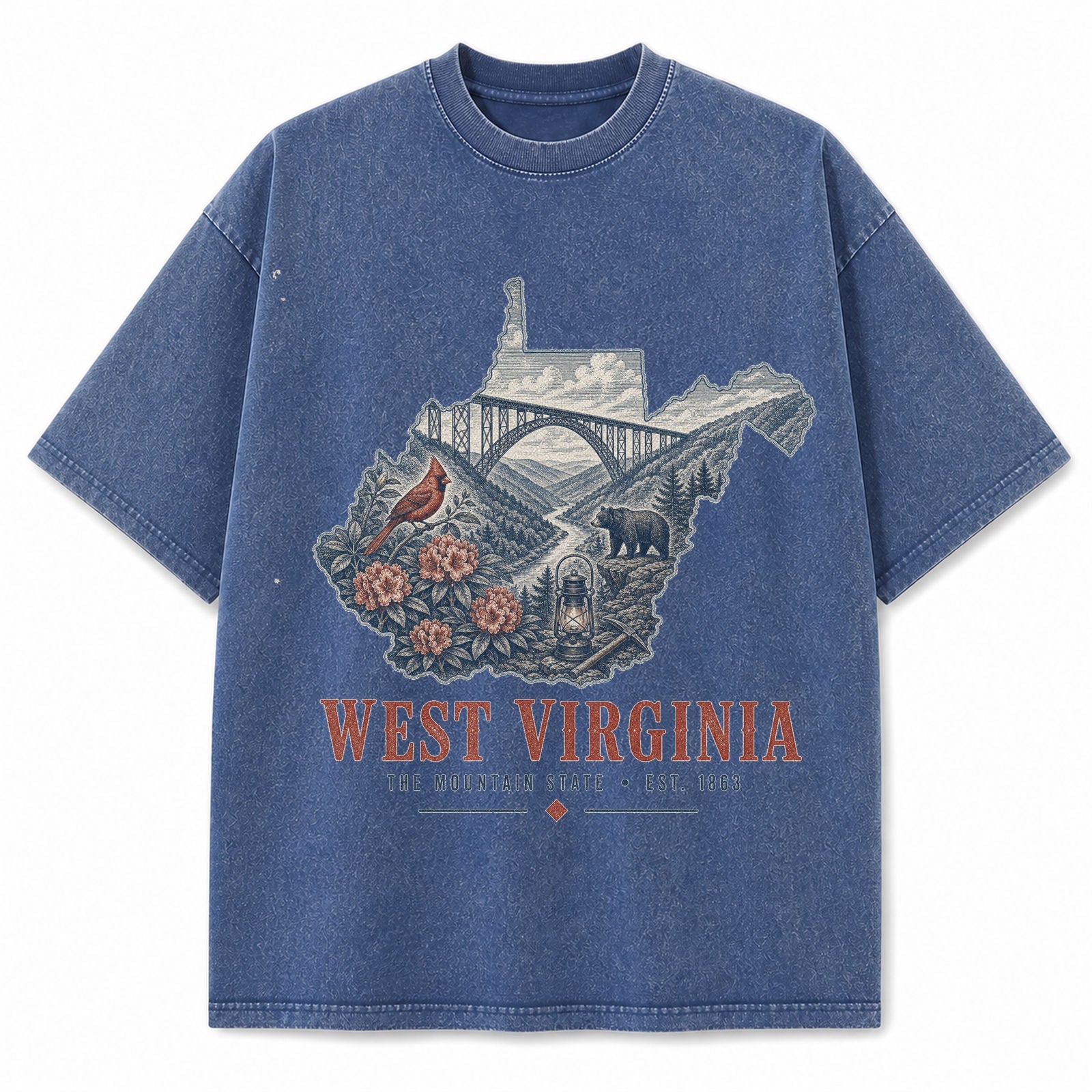 Vintage Washed West Virginia New River Gorge Graphic Tee in Blue, front view on a white background