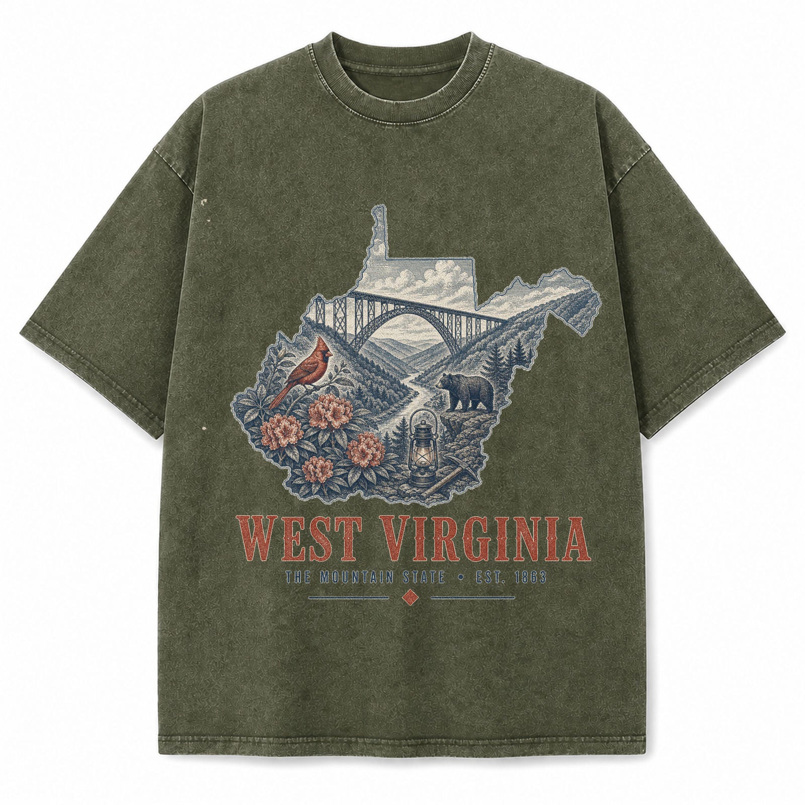 Vintage Washed West Virginia New River Gorge Graphic Tee in Military Green, front view on a white background