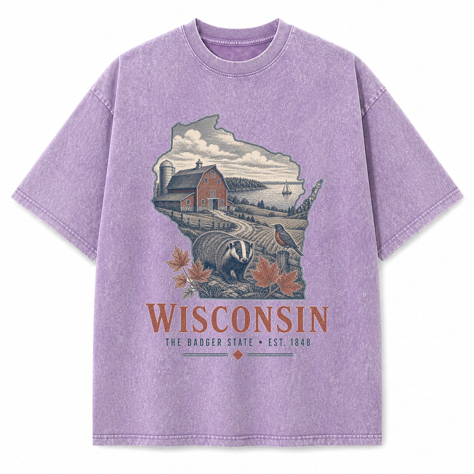 Vintage Washed Wisconsin Dairy Farm Graphic Tee in Purple, front view on a white background