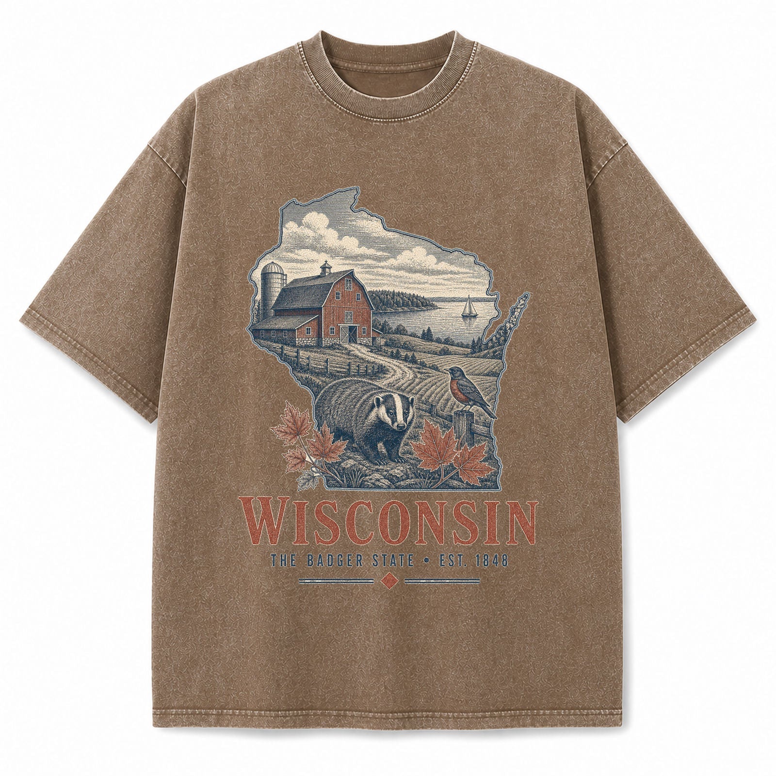 Vintage Washed Wisconsin Dairy Farm Graphic Tee in Brown, front view on a white background