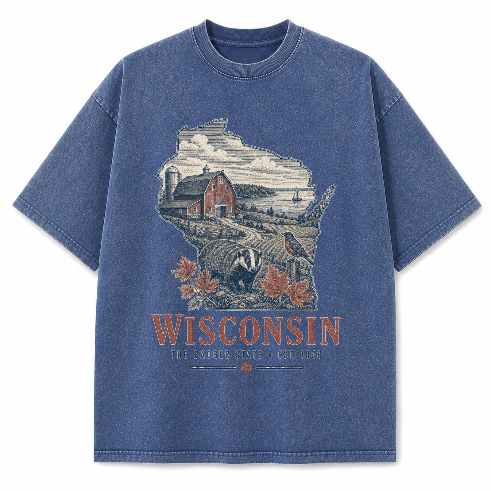 Vintage Washed Wisconsin Dairy Farm Graphic Tee in Blue, front view on a white background