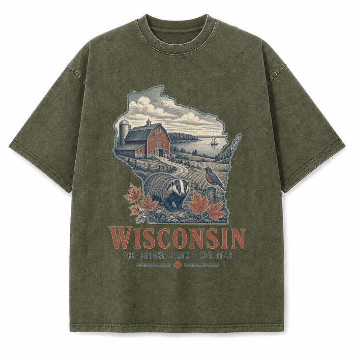 Vintage Washed Wisconsin Dairy Farm Graphic Tee in Military Green, front view on a white background