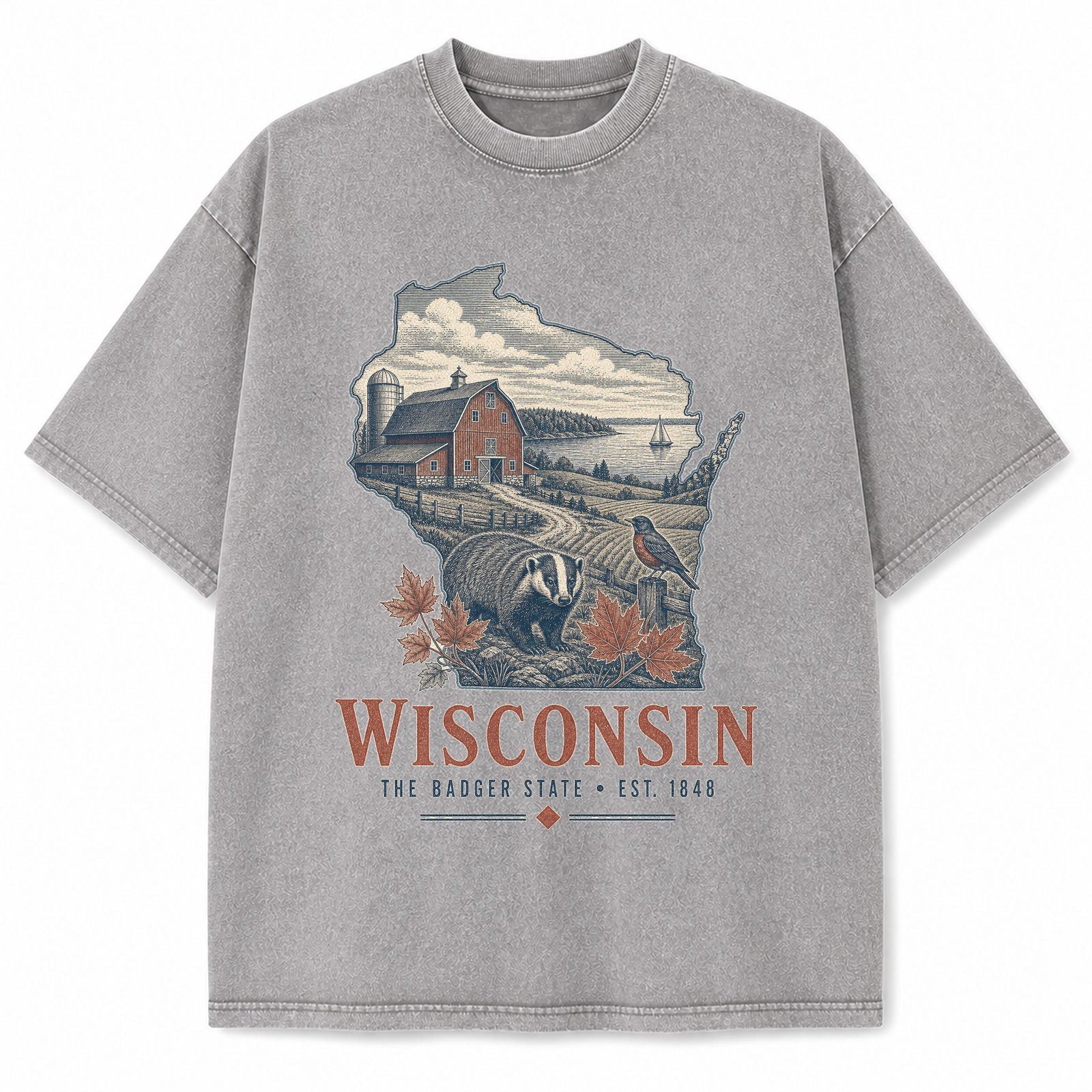 Vintage Washed Wisconsin Dairy Farm Graphic Tee in Light Gray, front view on a white background
