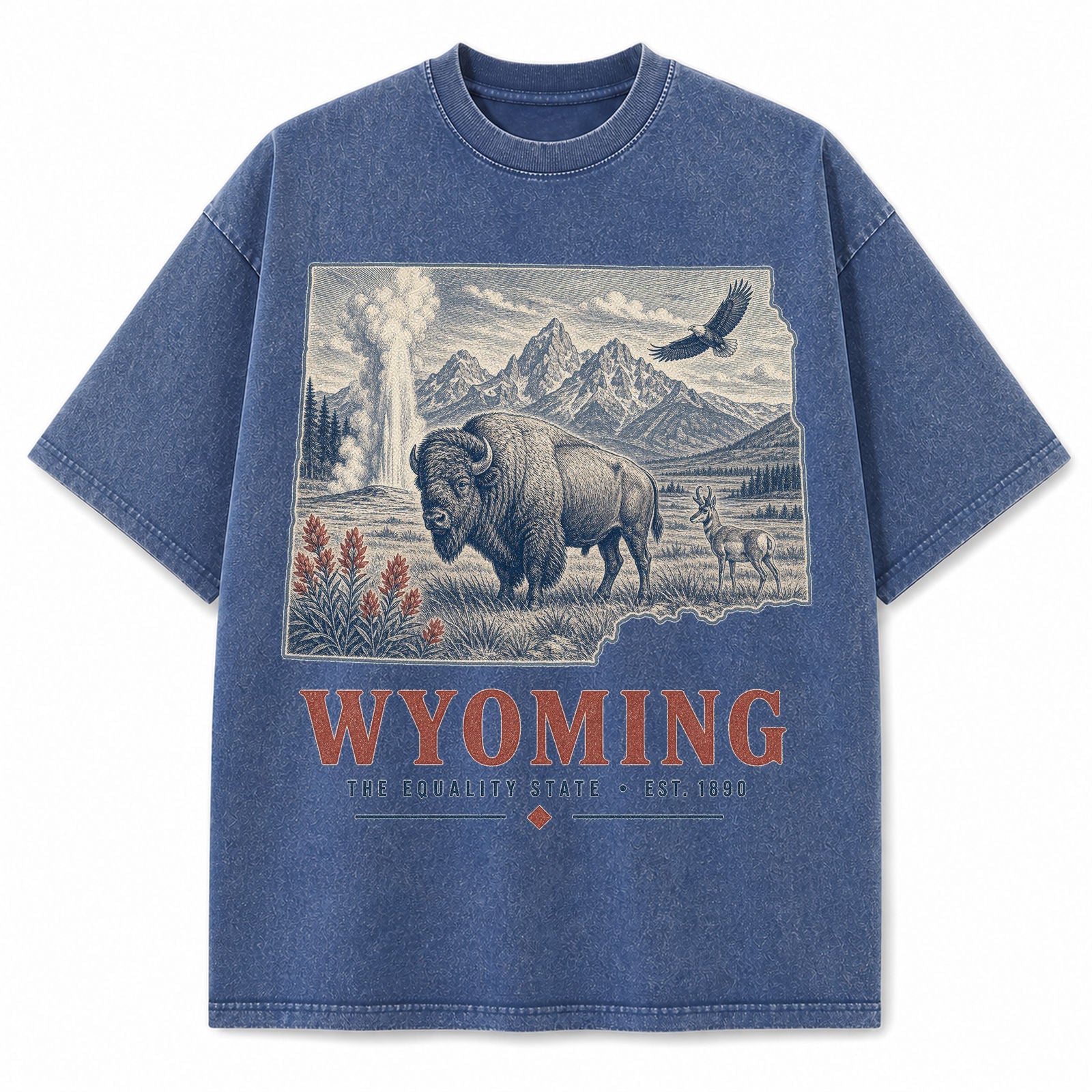 Vintage Washed Wyoming Bison Graphic Tee in Blue, front view on a white background