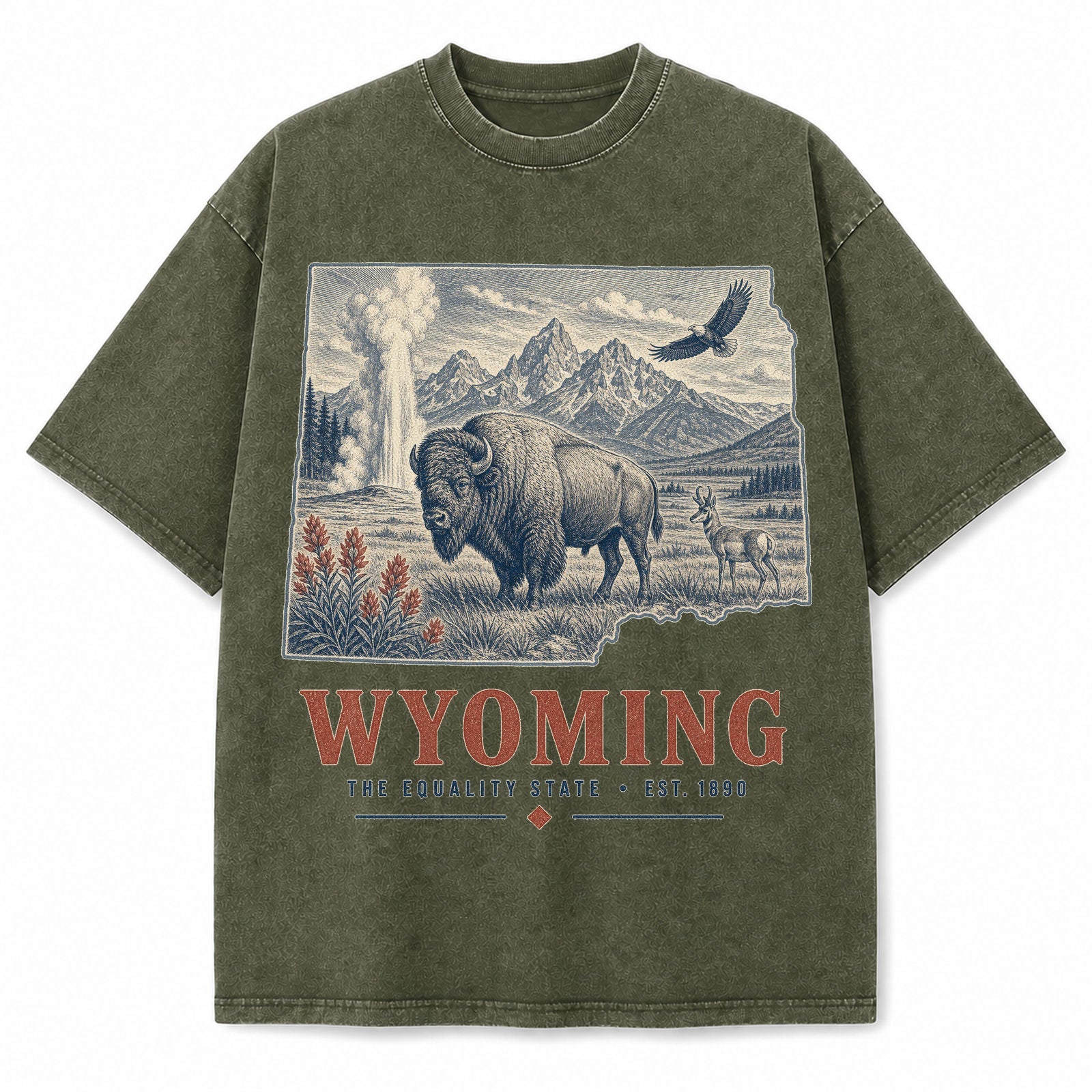 Vintage Washed Wyoming Bison Graphic Tee in Military Green, front view on a white background